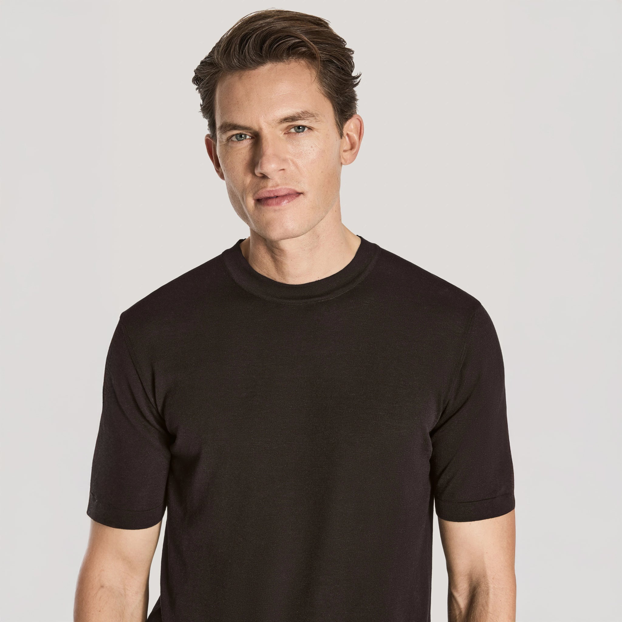 Espresso Brown Cotton Silk Knit Short Sleeve Wellington Crewneck - Jack Victor - Image 2