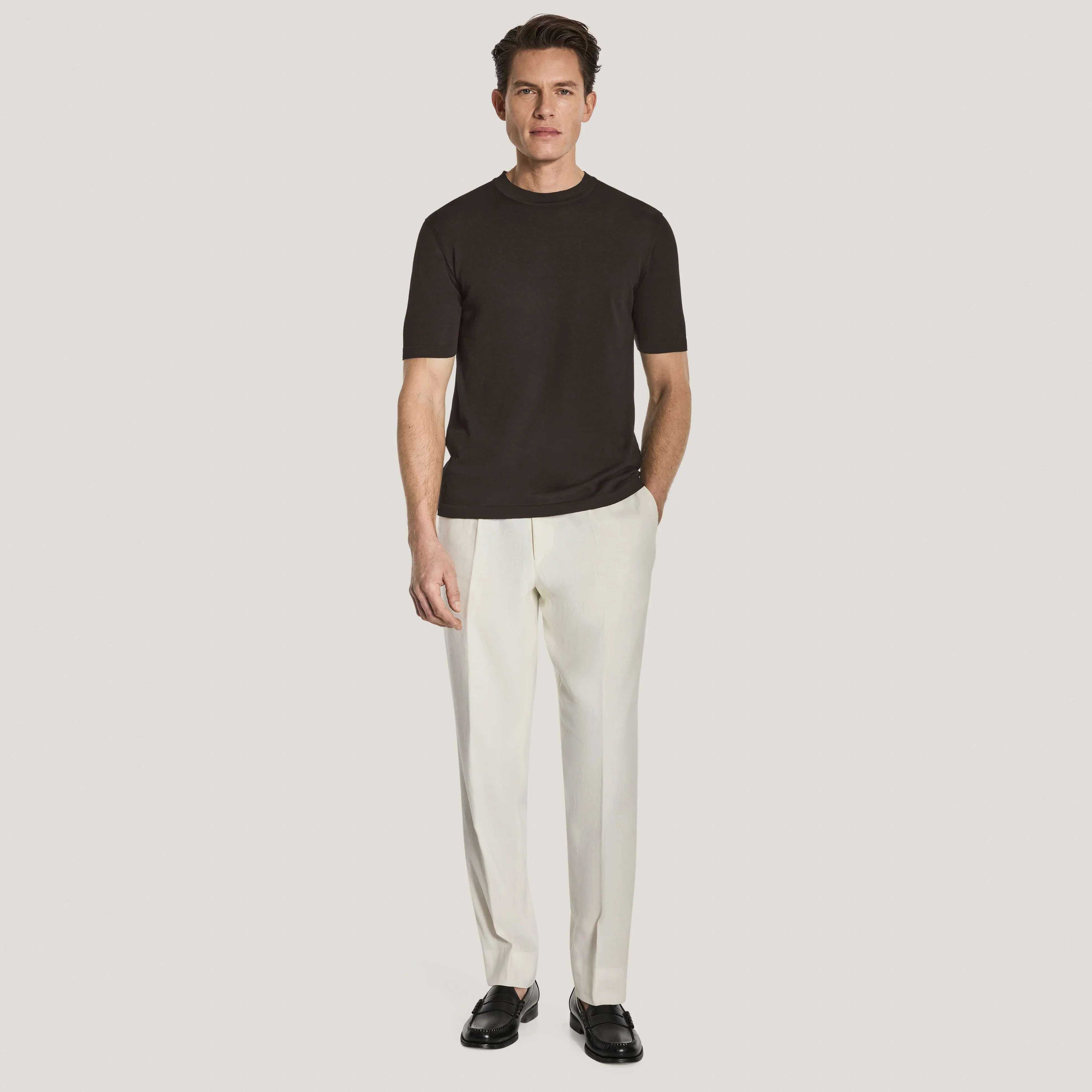 Espresso Brown Cotton Silk Knit Short Sleeve Wellington Crewneck - Jack Victor - Image 3