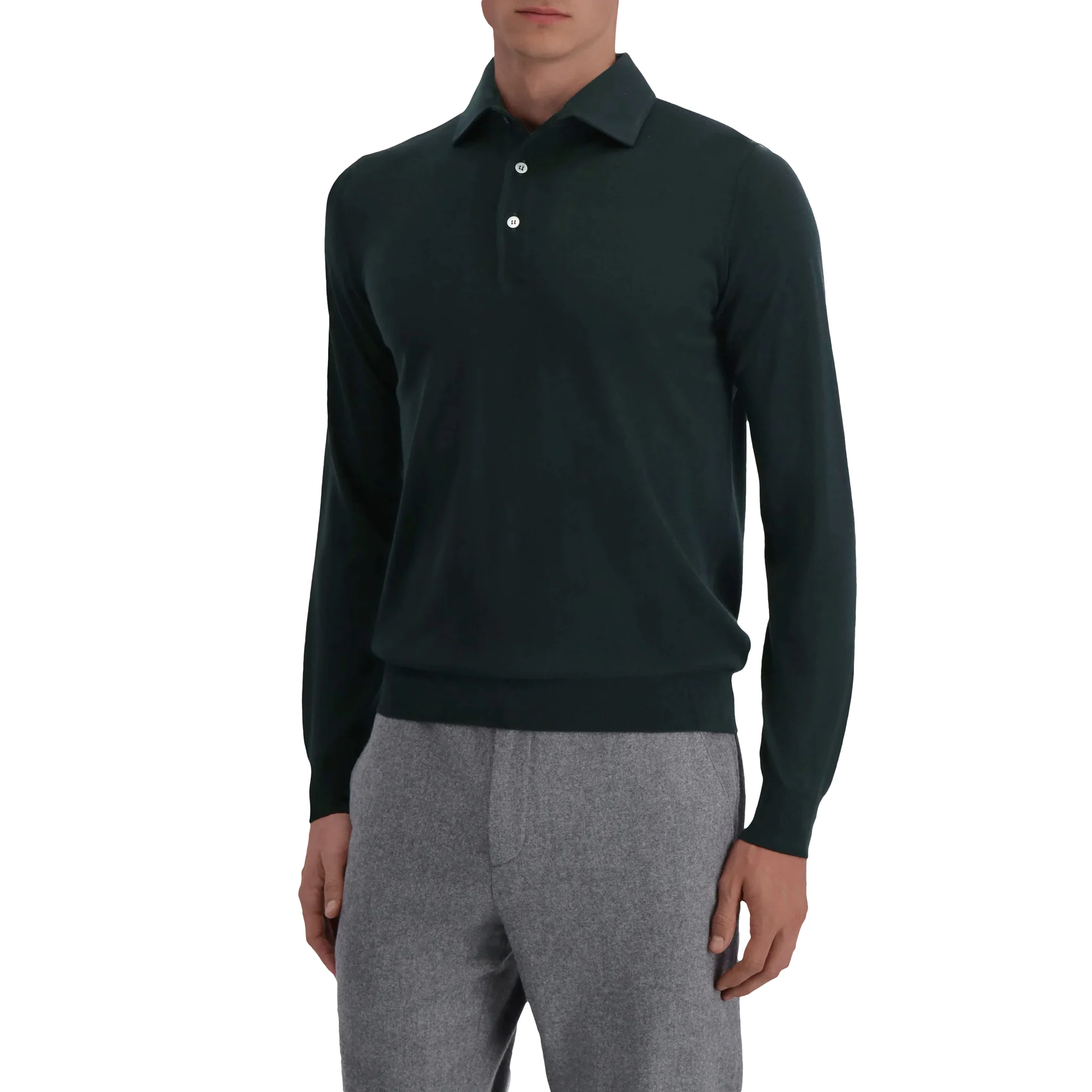 Forest Green Royal Merino Wool Polo One Piece Collar Shirt - FILIPPO DE LAURENTIIS - Image 9