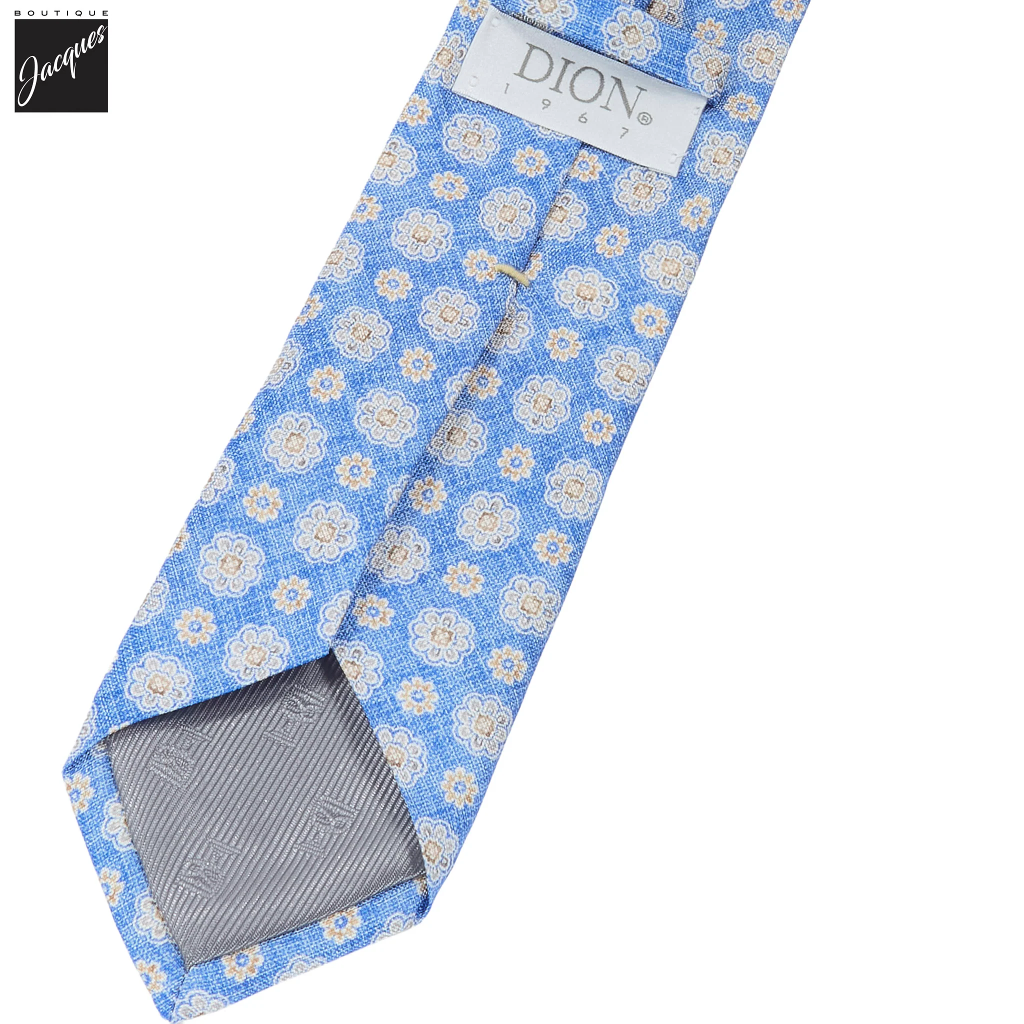 French Blue Mélange Floral Medallion Printed Panama Silk Tie - DION - Image 2