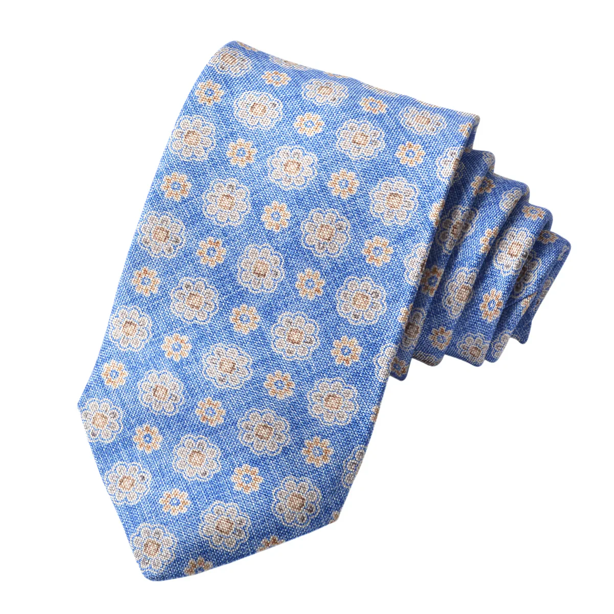 French Blue Mélange Floral Medallion Printed Panama Silk Tie - DION - Image 3