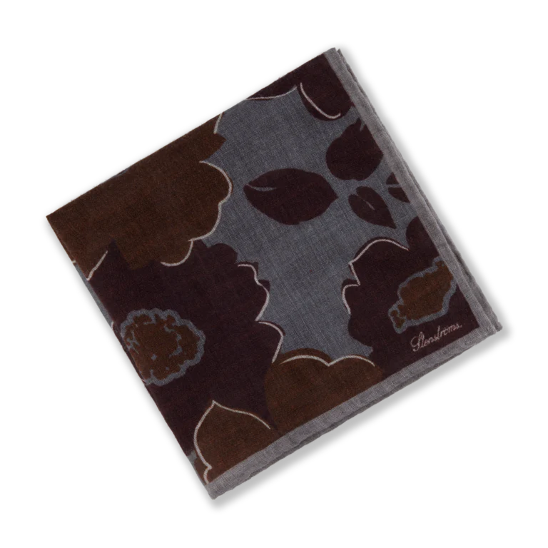 Gray & Burgundy Flower Motif Wool Yak Hankie - Stenströms