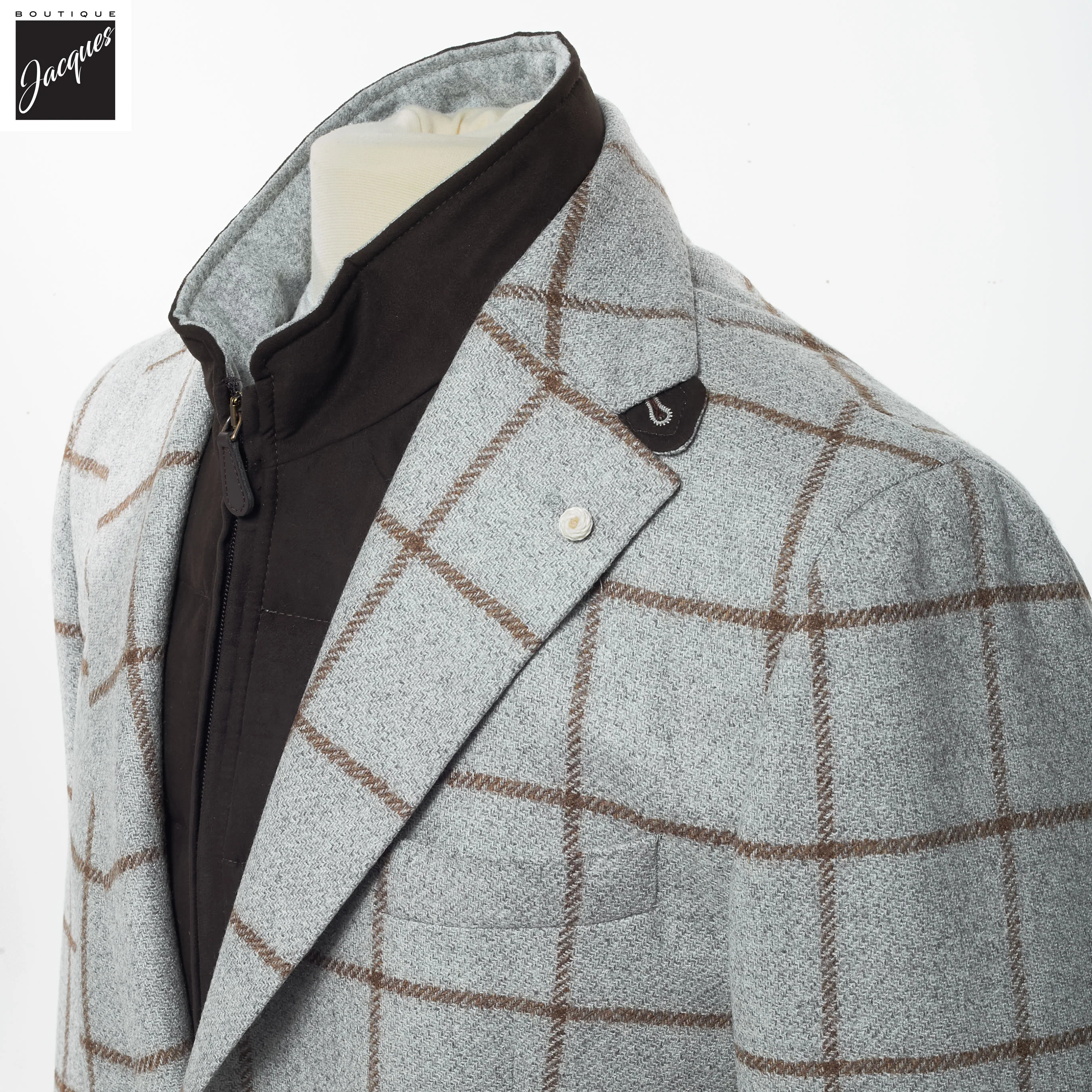 Gray Check Wool Hybrid Sport Jacket with Bib - Luigi Bianchi - Image 3