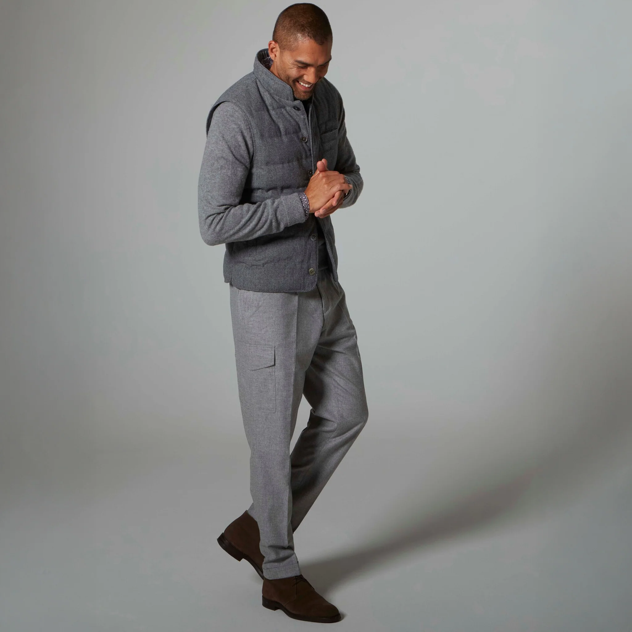Gray Checked Quilted Wool Full Zip Vest - Stenströms - Image 6
