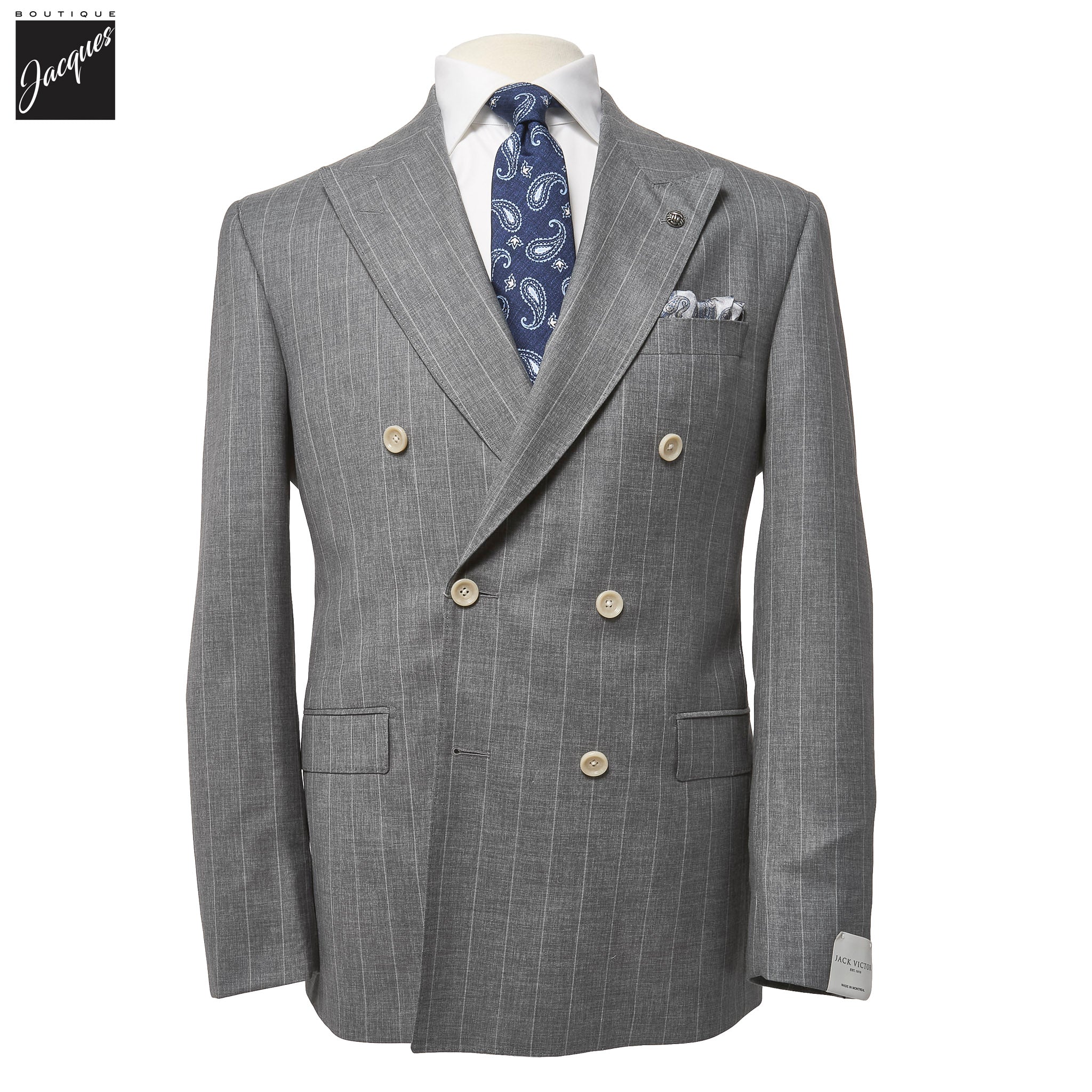 Gray Striped Double-Breasted Super 150s Wool Merlin Contemporary Fit Suit - Jack Victor 1913