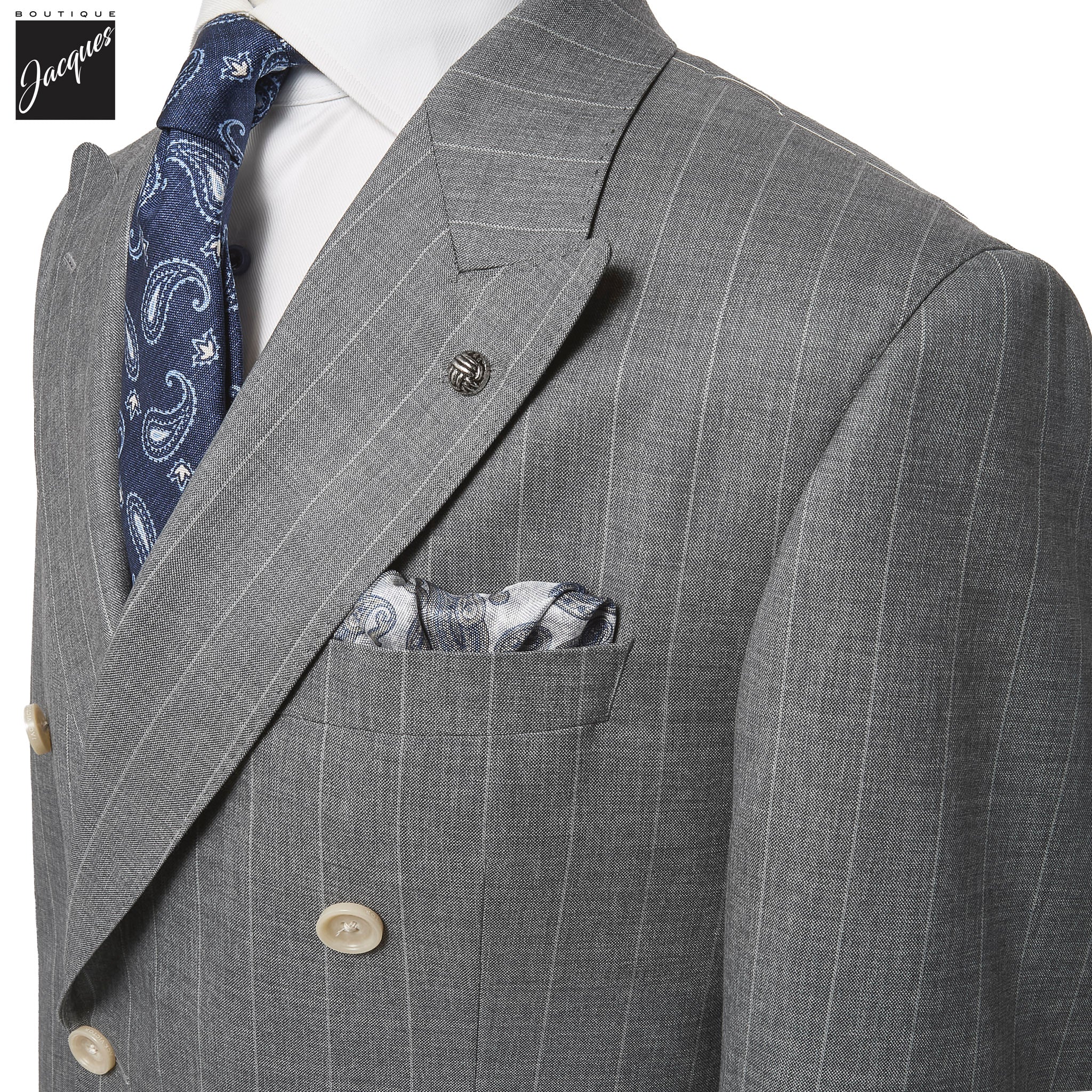 Gray Striped Double-Breasted Super 150s Wool Merlin Contemporary Fit Suit - Jack Victor 1913 - Image 2