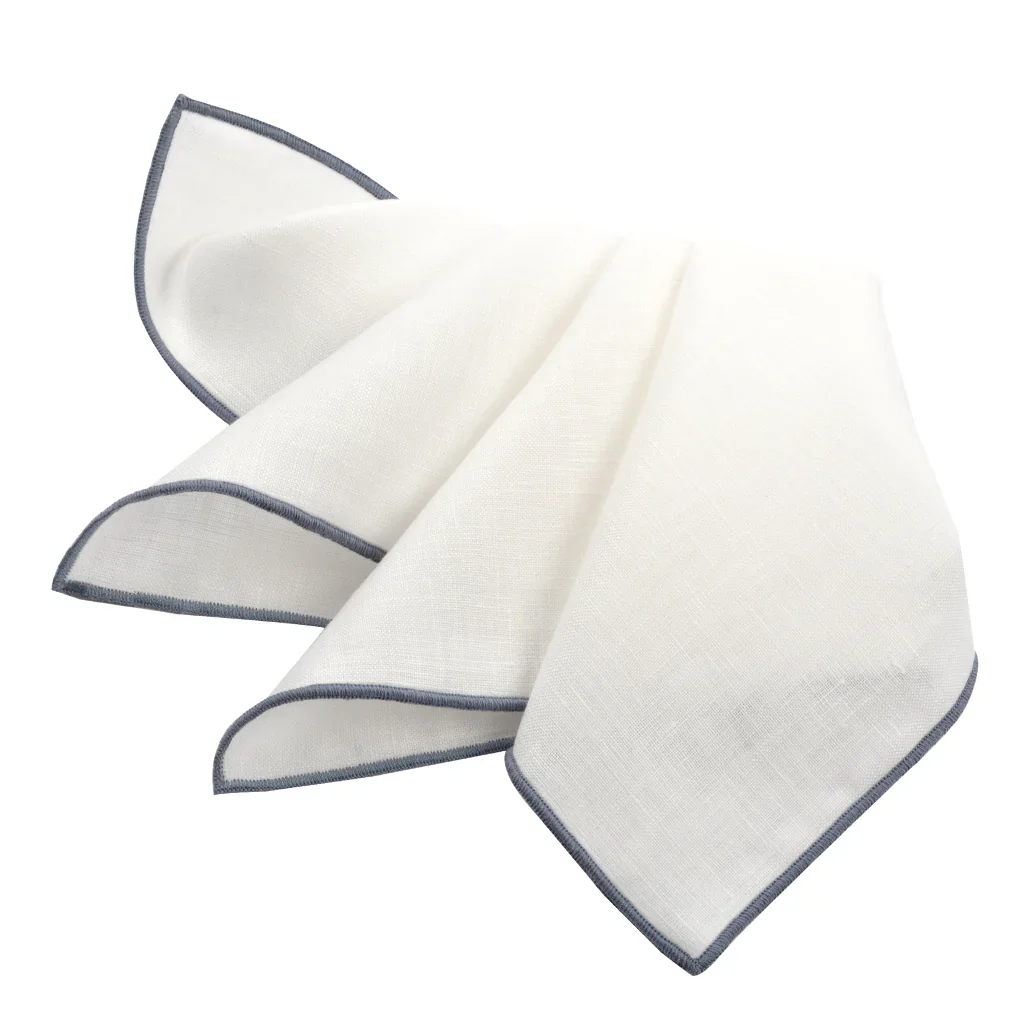 Gray Trim White Linen Pocket Square - DION