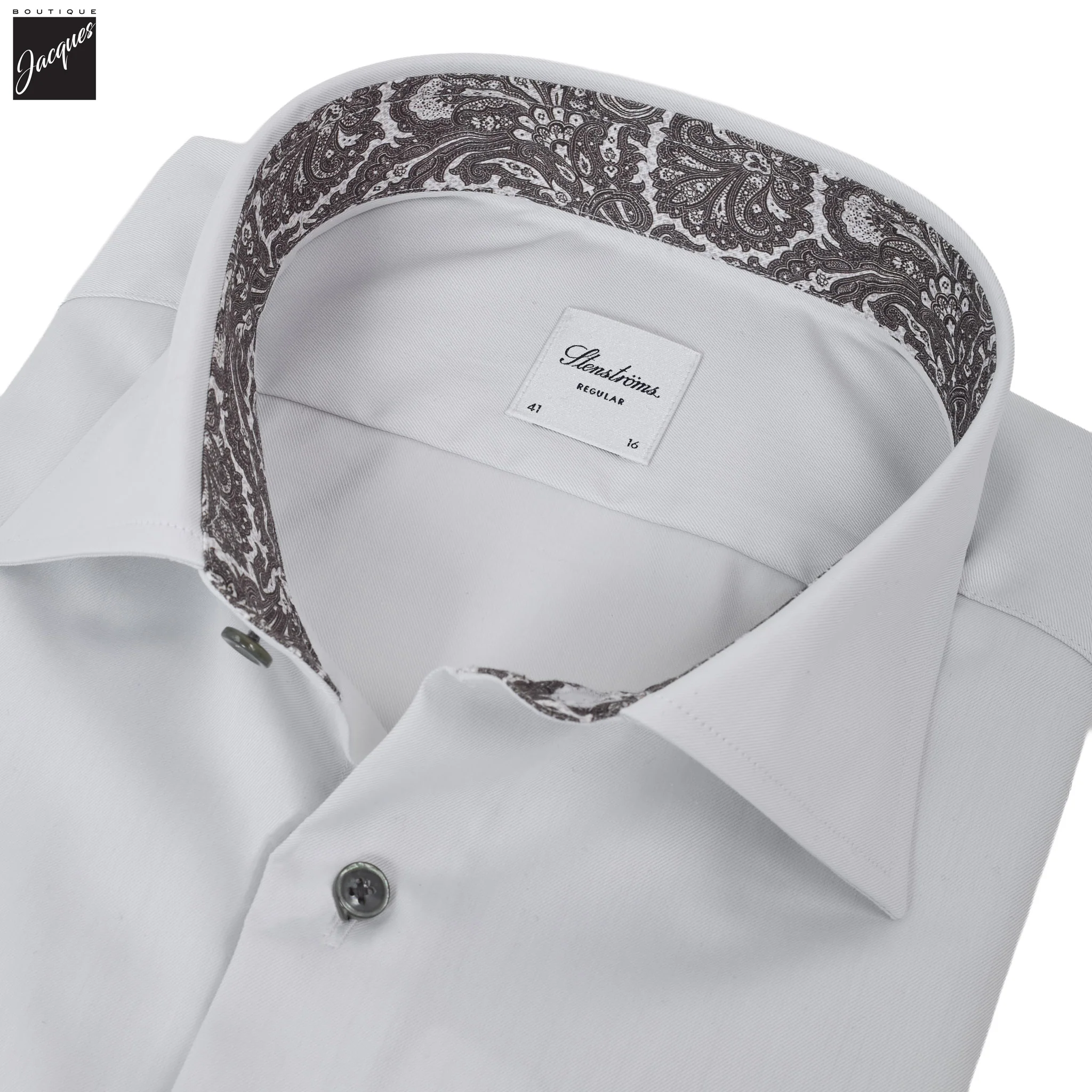 Gray w/ Contrast Trim Cotton Twill Regular Fit Dress Shirt - Stenströms - Image 2