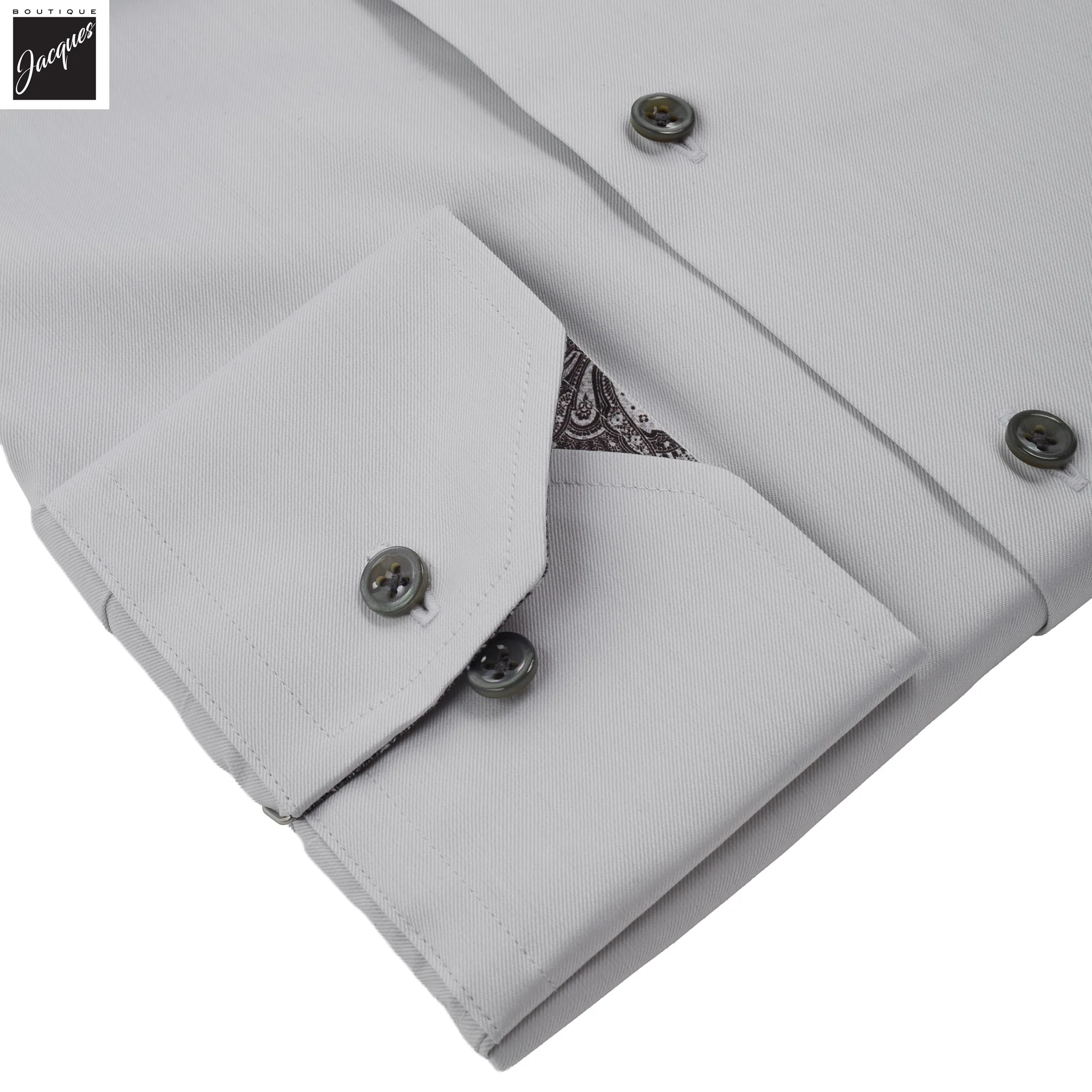 Gray w/ Contrast Trim Cotton Twill Regular Fit Dress Shirt - Stenströms - Image 3