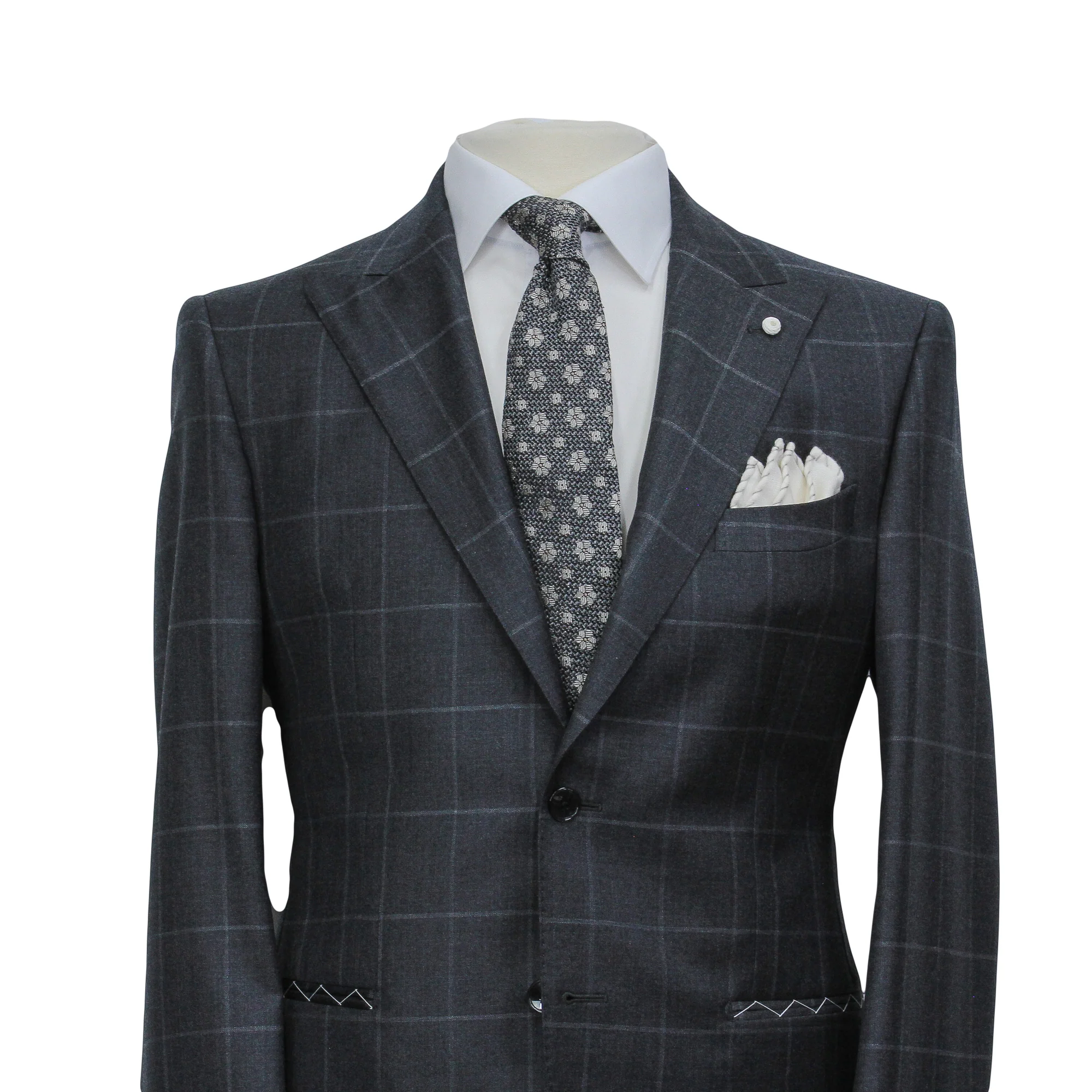 Gray Windowpane Wool Mantua Slim Fit Suit Peak Lapel - Luigi Bianchi - Image 4