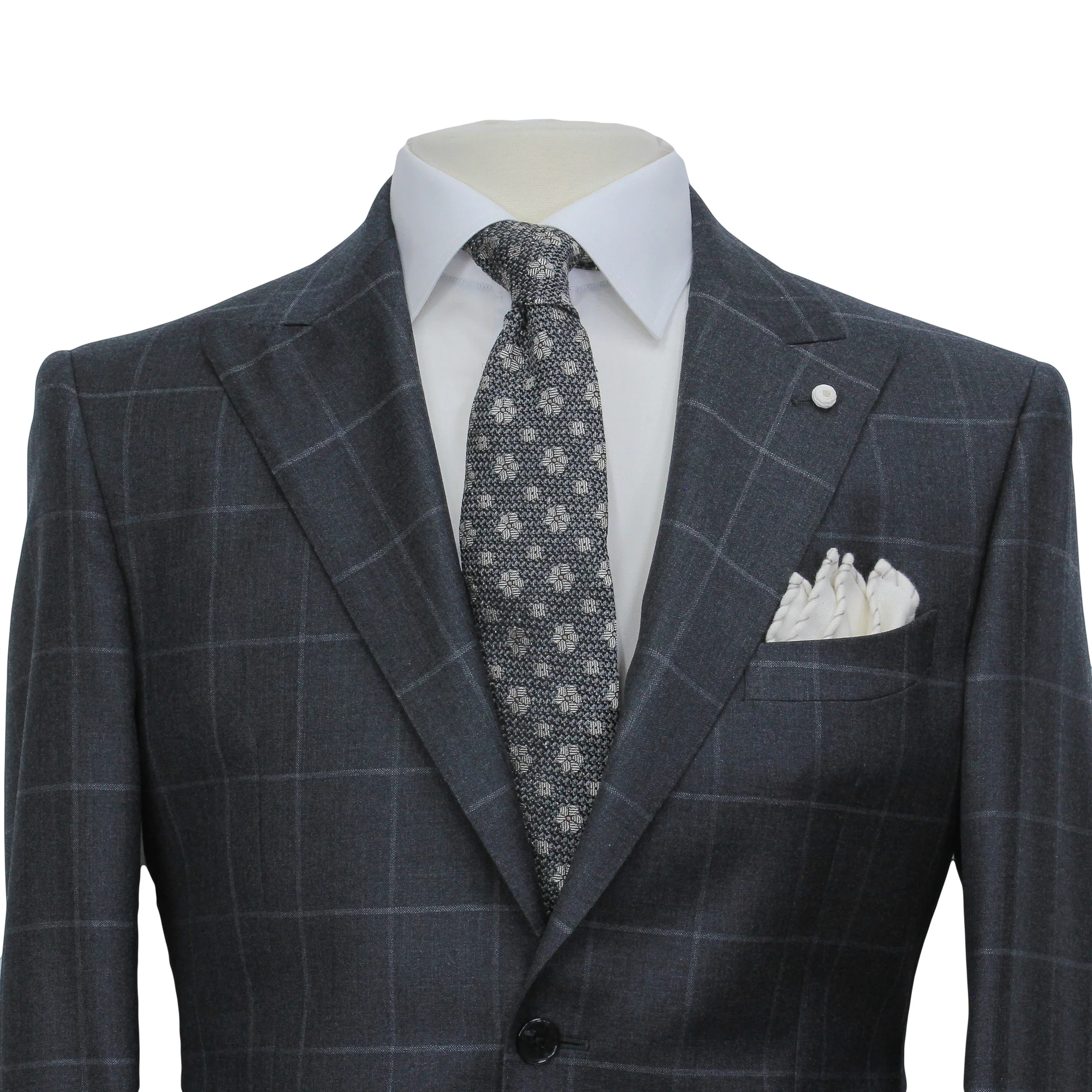 Gray Windowpane Wool Mantua Slim Fit Suit Peak Lapel - Luigi Bianchi - Image 5