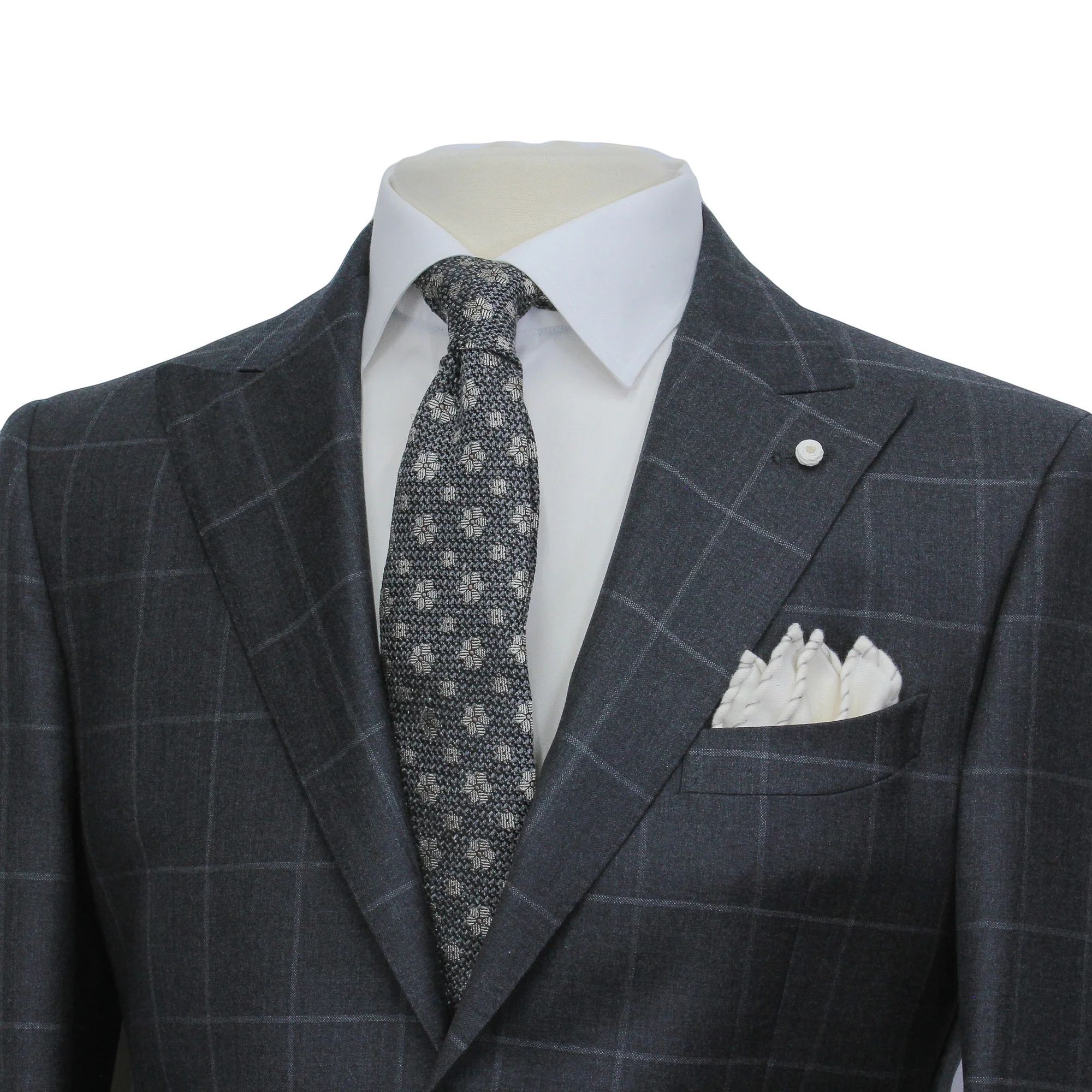 Gray Windowpane Wool Mantua Slim Fit Suit Peak Lapel - Luigi Bianchi - Image 6