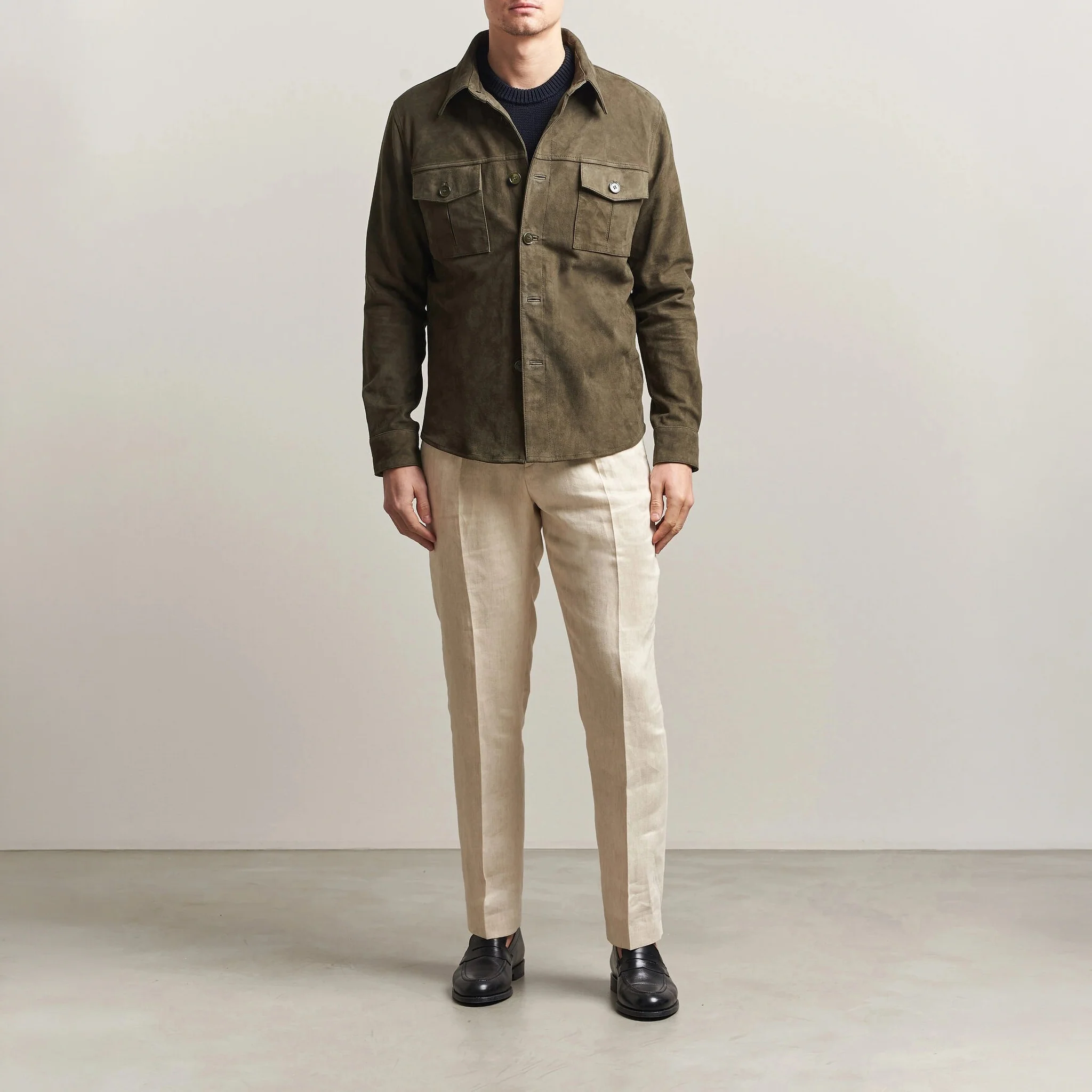Olive Goat Suede Tailored Overshirt - Stenströms - Image 2