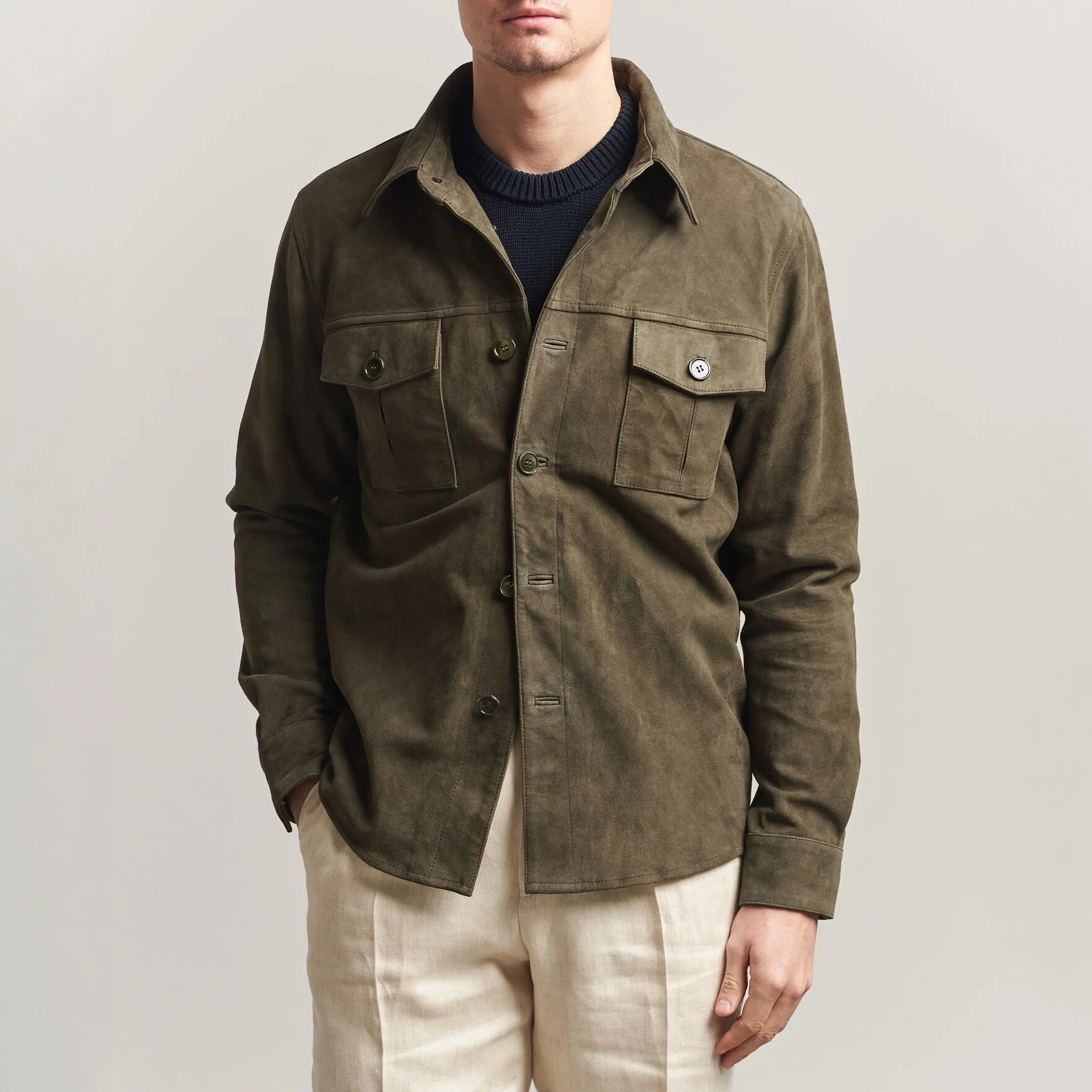 Olive Goat Suede Tailored Overshirt - Stenströms - Image 3