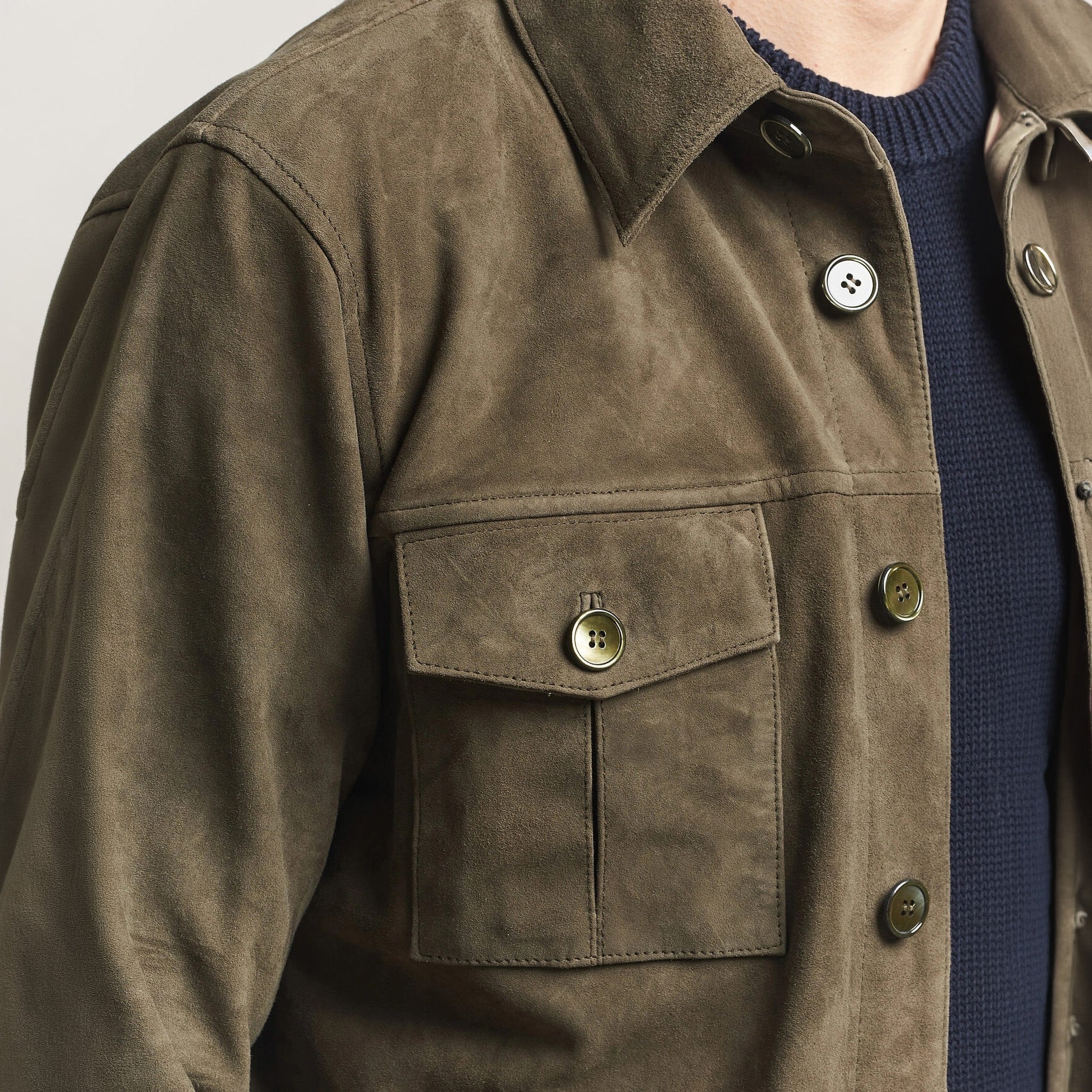 Olive Goat Suede Tailored Overshirt - Stenströms - Image 4