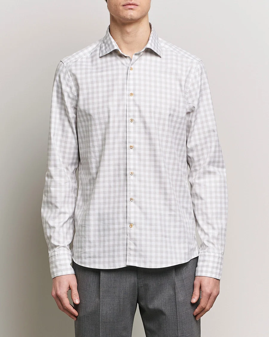 Grey/Beige Gingham Garment Wash Slimline Casual Shirt - Stenströms - Image 3