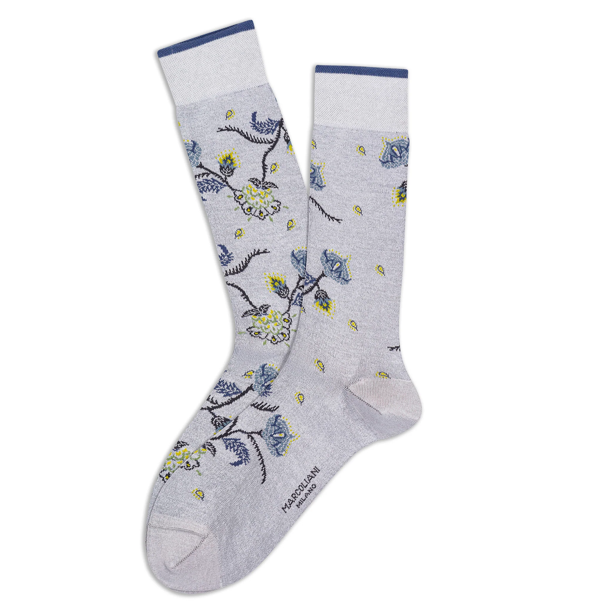 Ice Gray Mumbai Flower Pima Cotton Mid-Calf Socks - Marcoliani