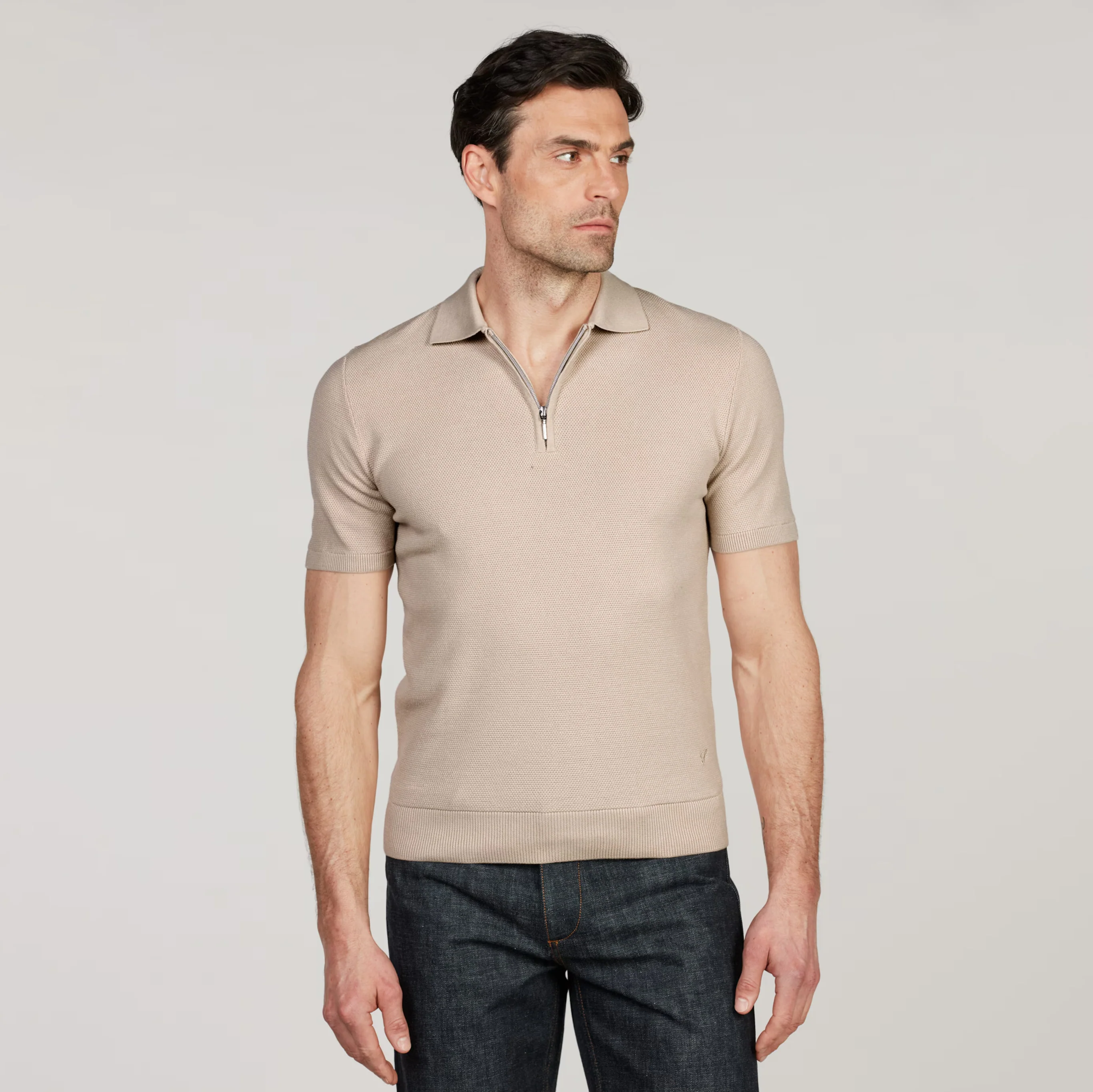 Light Beige Organic Cotton Woven Knit Zip Polo Shirt - Stenströms