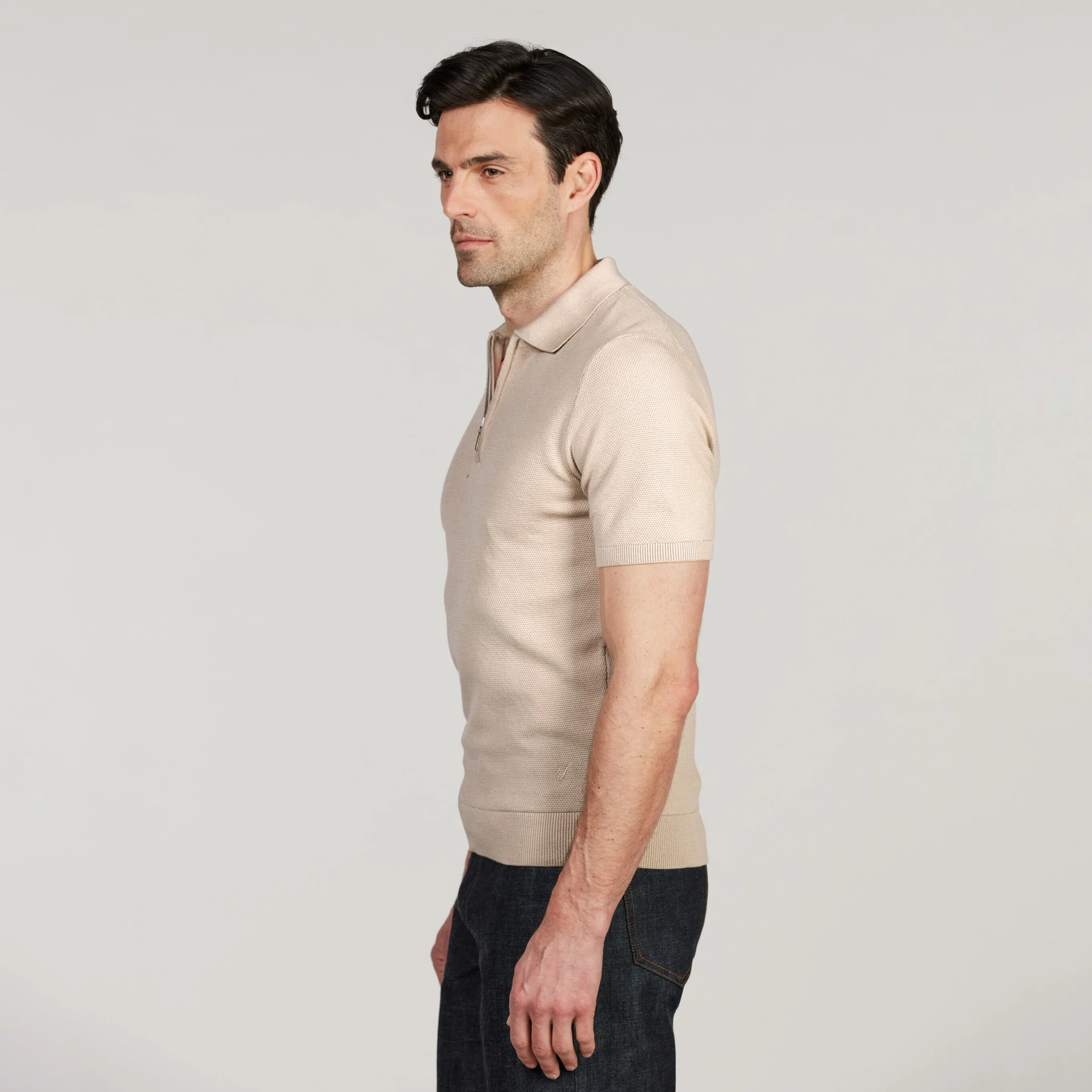 Light Beige Organic Cotton Woven Knit Zip Polo Shirt - Stenströms - Image 2