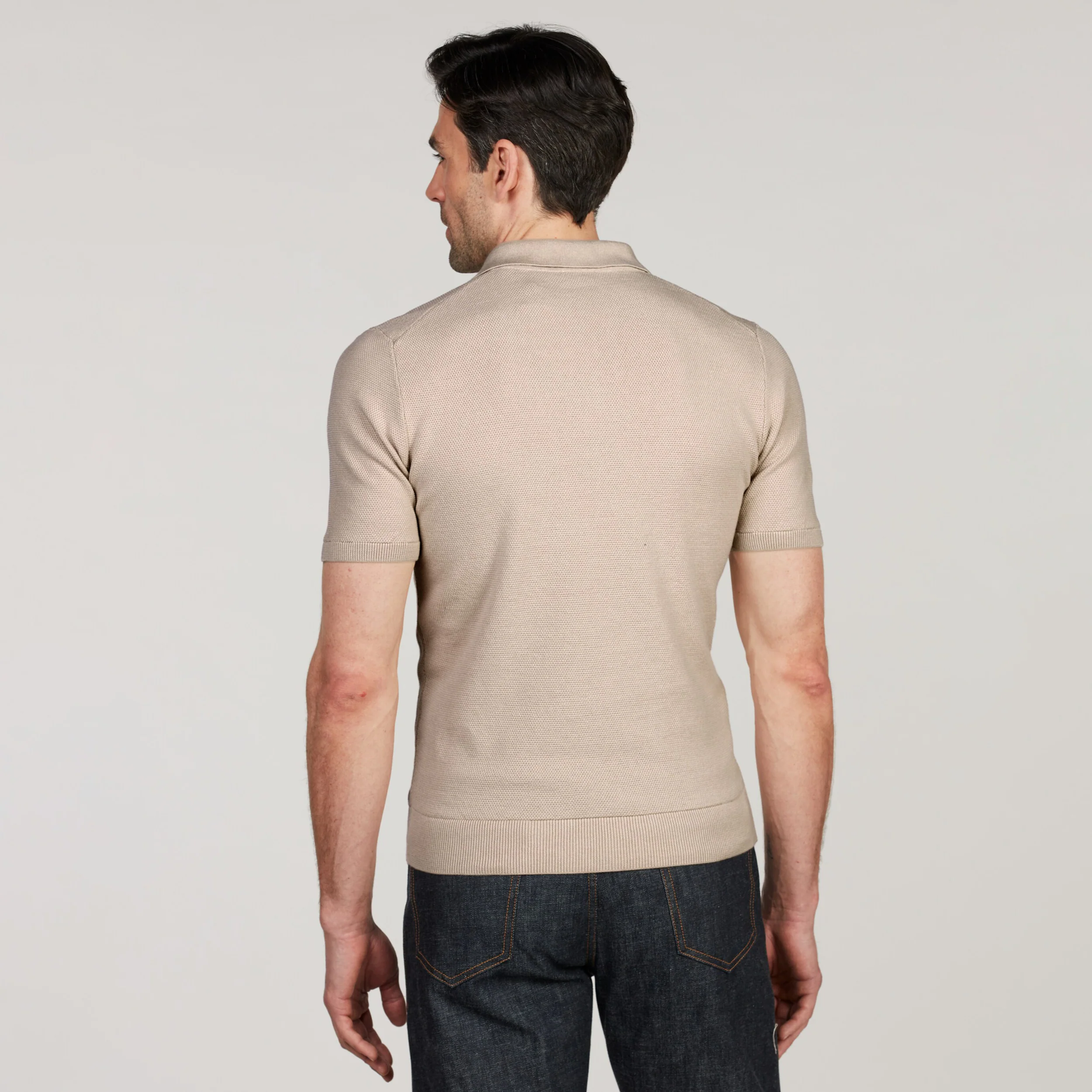 Light Beige Organic Cotton Woven Knit Zip Polo Shirt - Stenströms - Image 3