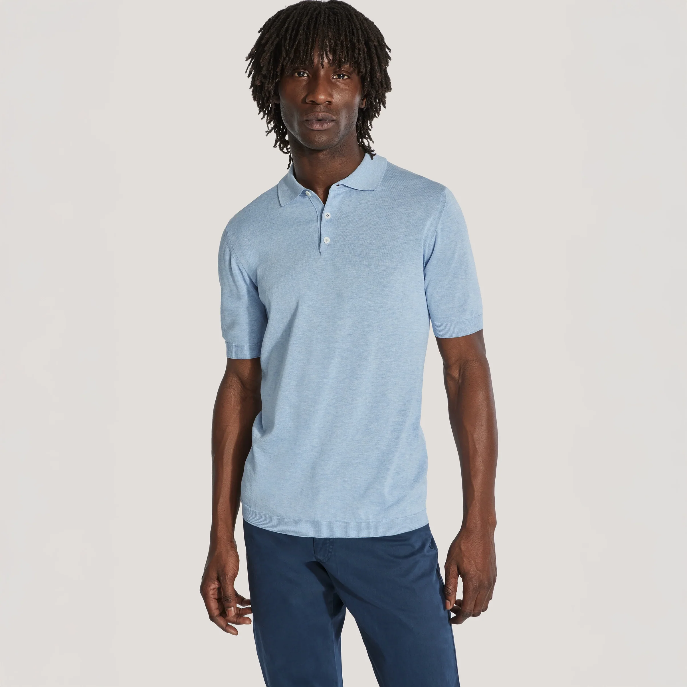Light Blue Cotton Silk Knit Tupper Polo - Jack Victor