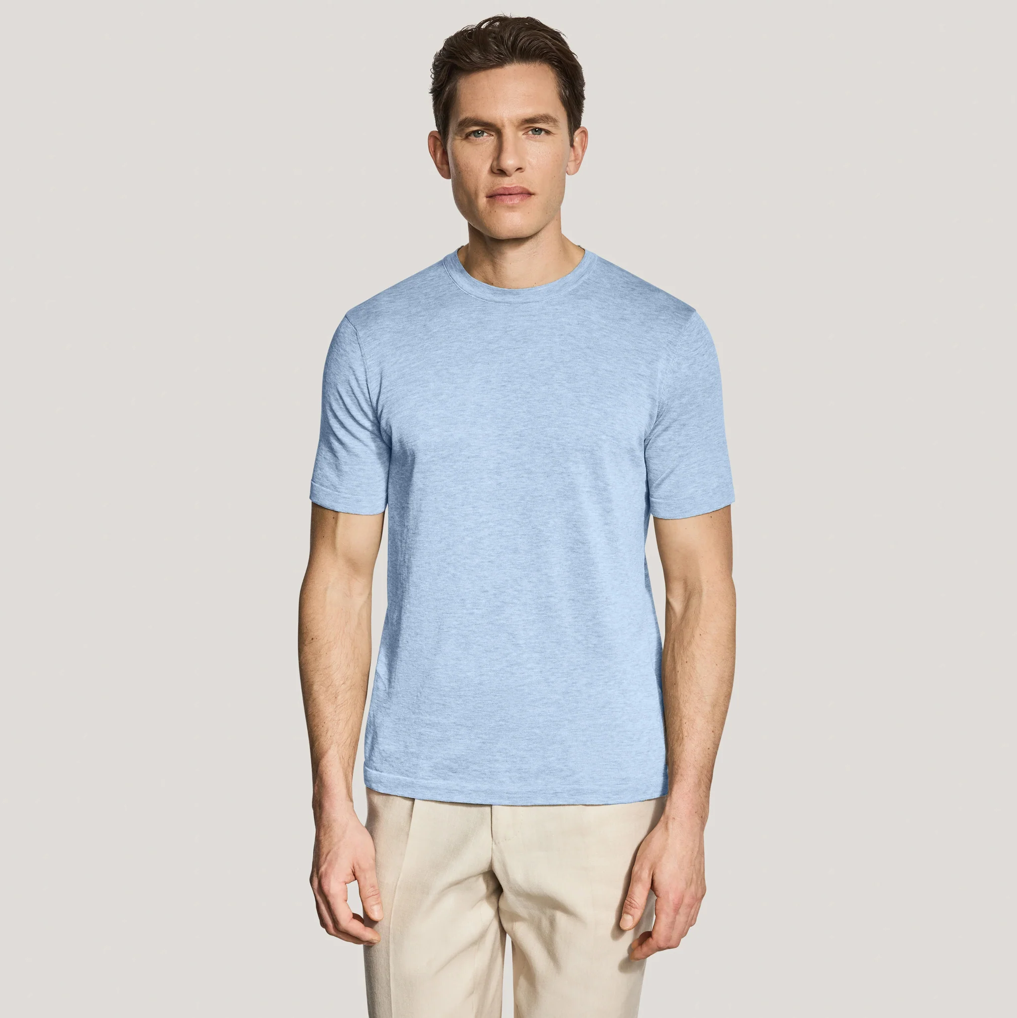 Light Blue Cotton Silk Knit Short Sleeve Wellington Crewneck - Jack Victor