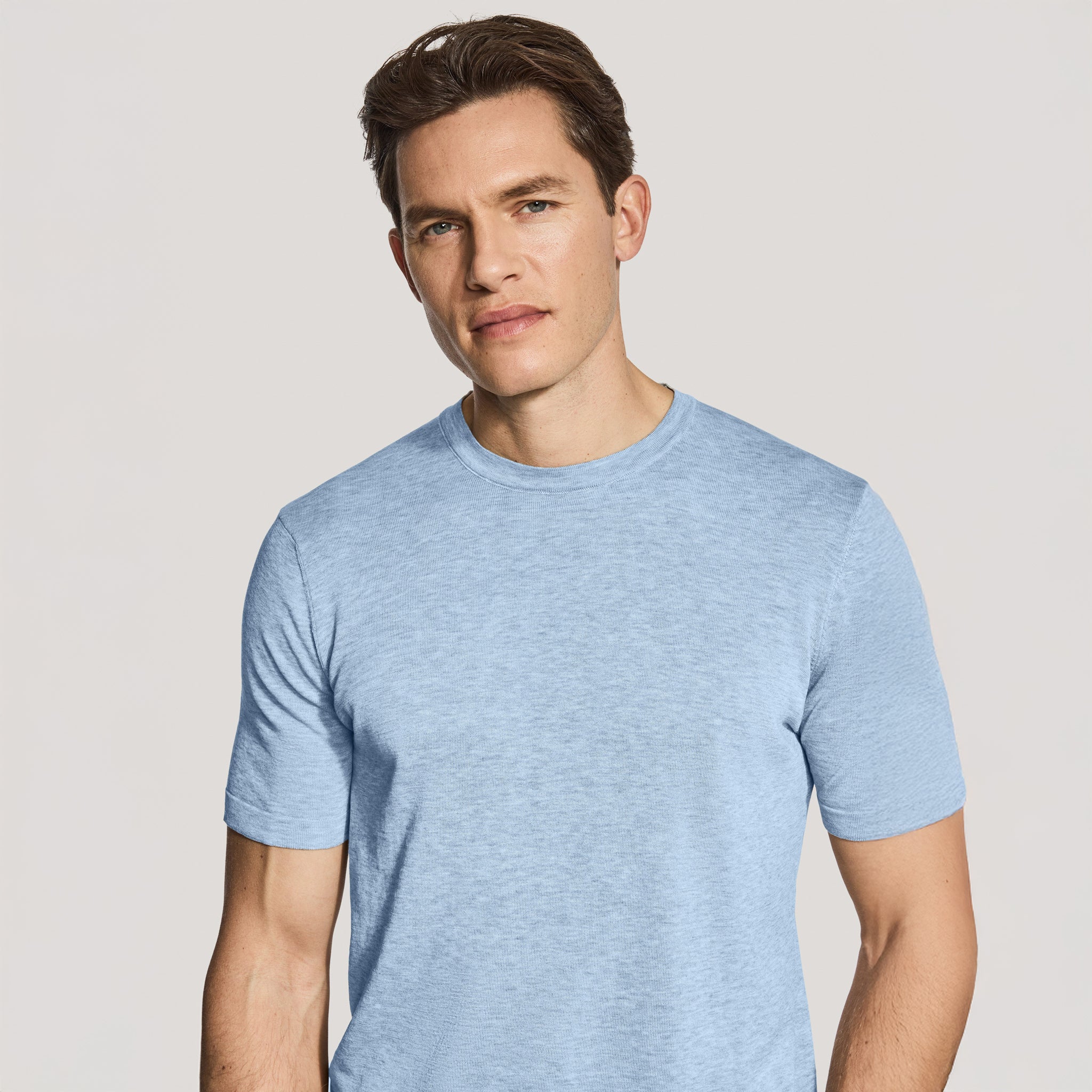 Light Blue Cotton Silk Knit Short Sleeve Wellington Crewneck - Jack Victor - Image 2