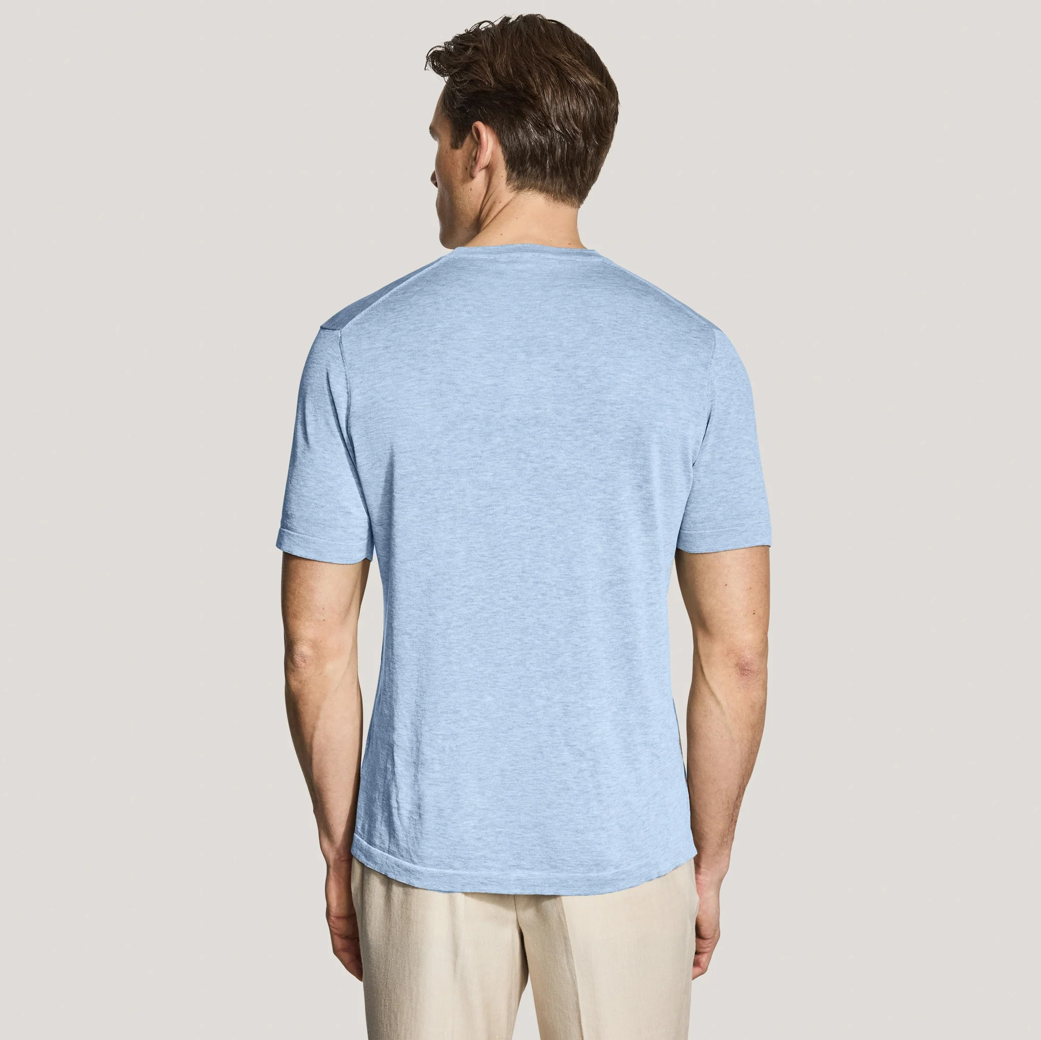 Light Blue Cotton Silk Knit Short Sleeve Wellington Crewneck - Jack Victor - Image 3