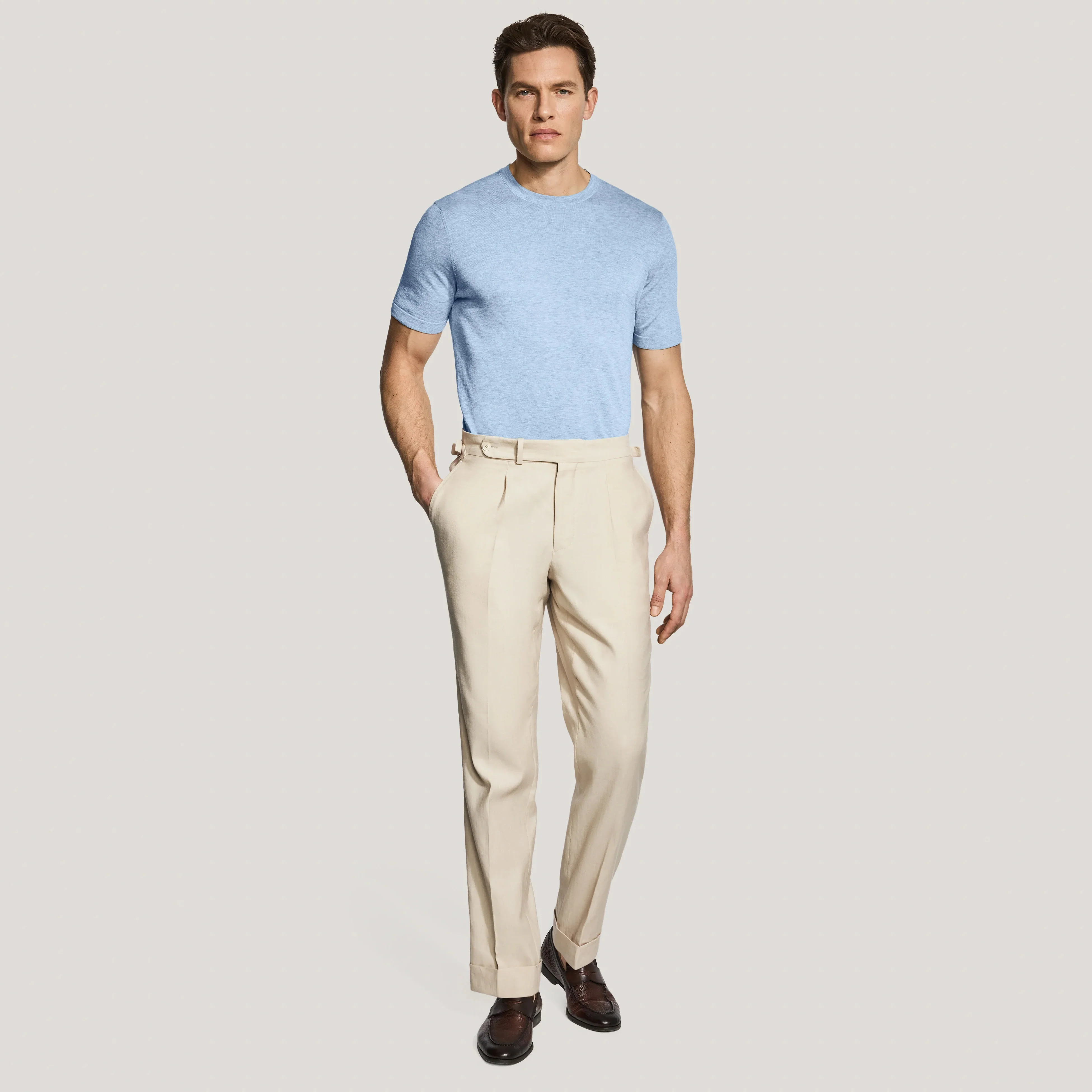 Light Blue Cotton Silk Knit Short Sleeve Wellington Crewneck - Jack Victor - Image 4