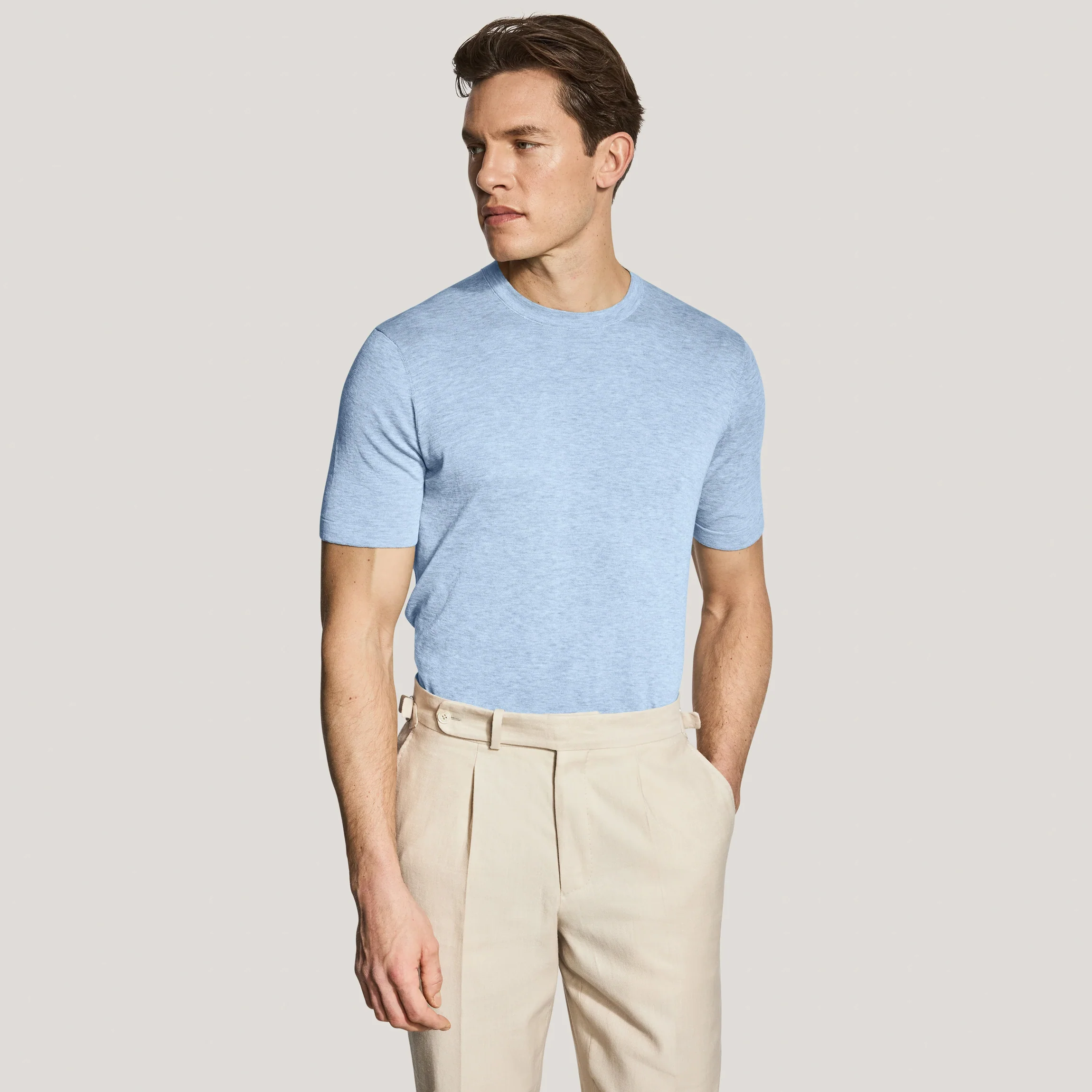 Light Blue Cotton Silk Knit Short Sleeve Wellington Crewneck - Jack Victor - Image 5