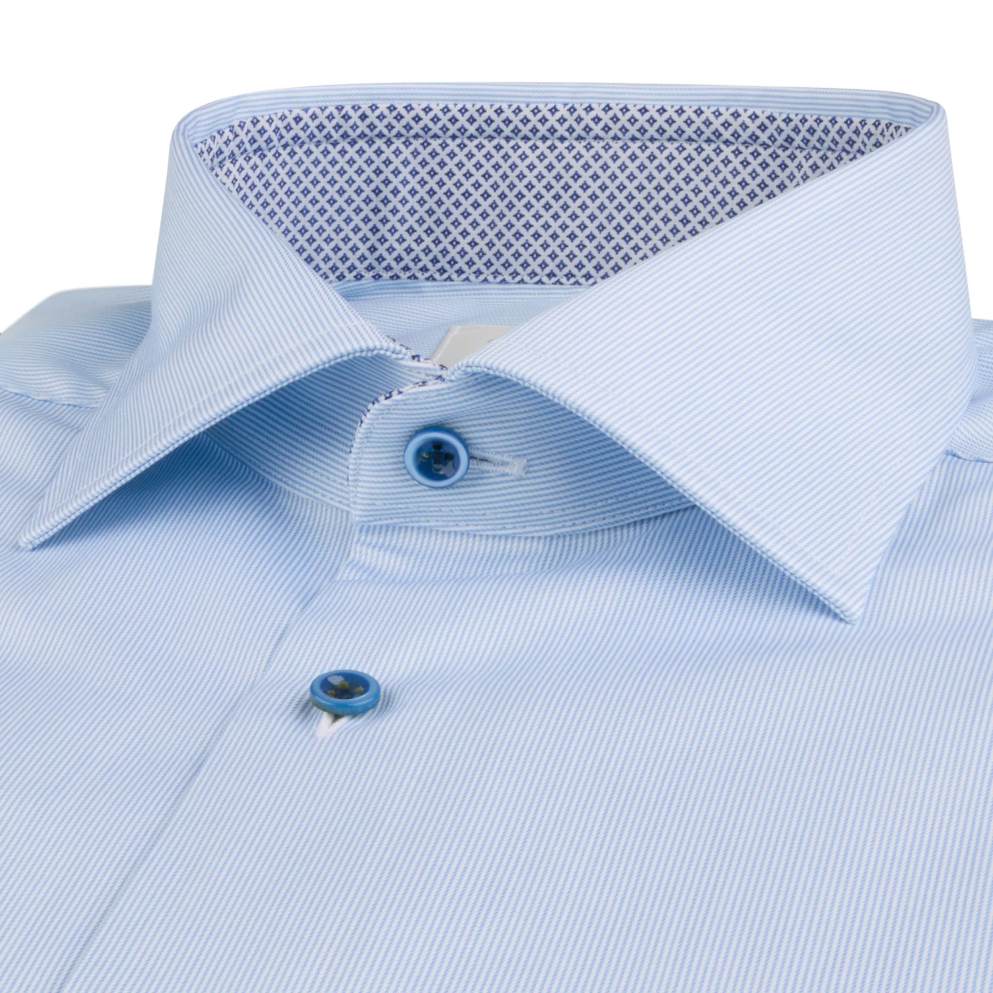 Light Blue Fine Stripe Twill Fitted Body Shirt with Contrast Trims - Stenströms - Image 2