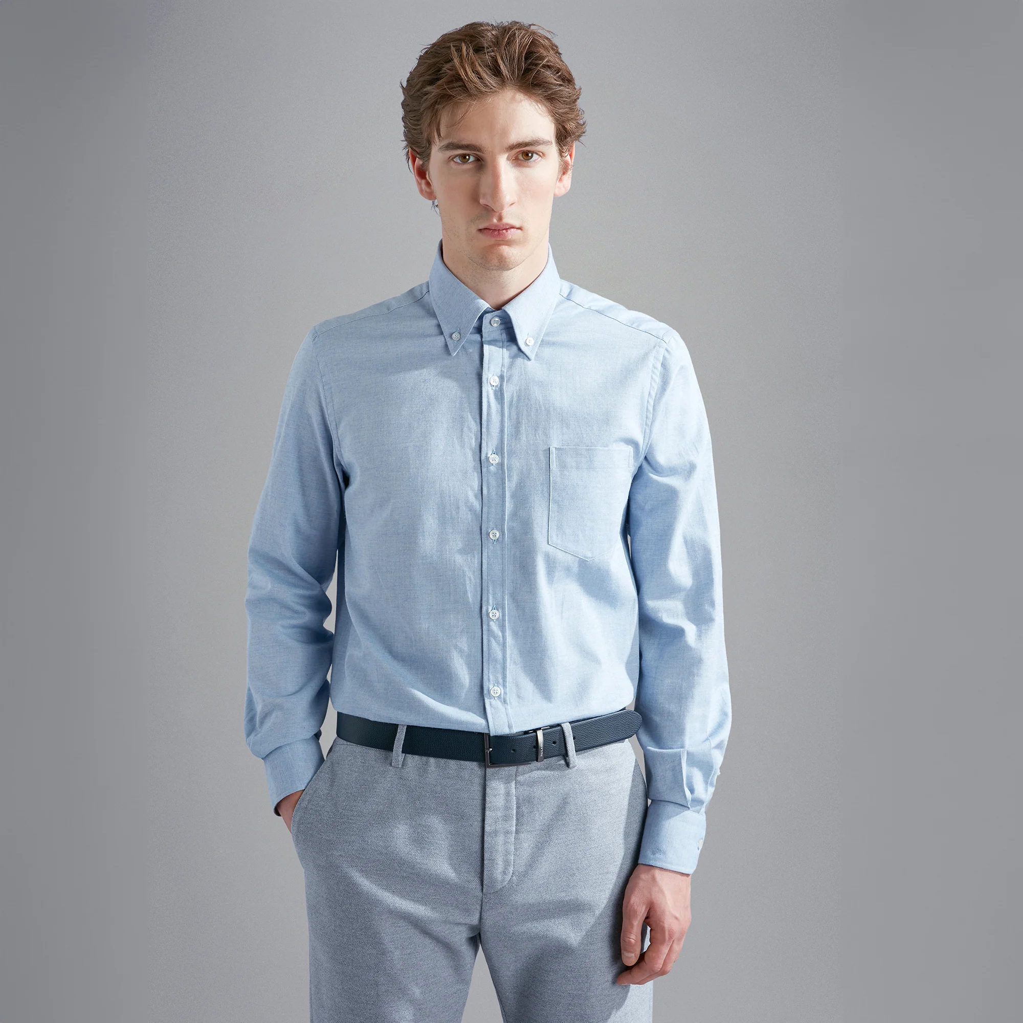 Light Blue Flannel Cotton Button-Down Shirt W/ Contrast Trim - Paul & Shark - Image 3