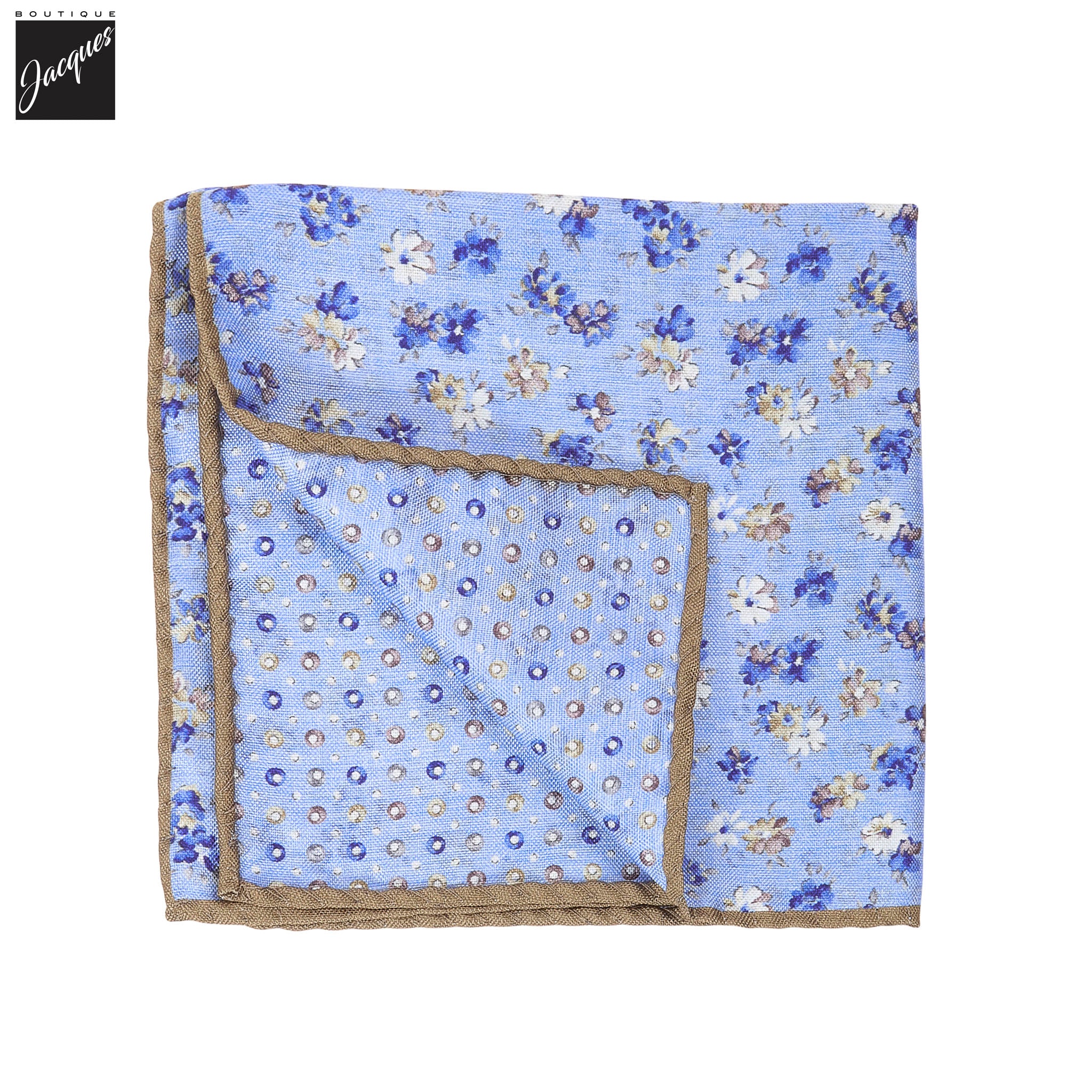 Light Blue Floral/Micro-Medallion Reversible Silk Pocket Square - DION