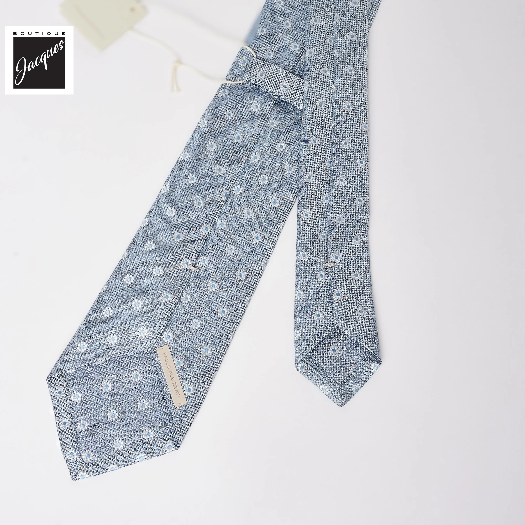 Light Blue Floral Pattern Silk-Linen Tie - Paolo Albizzati - Image 3