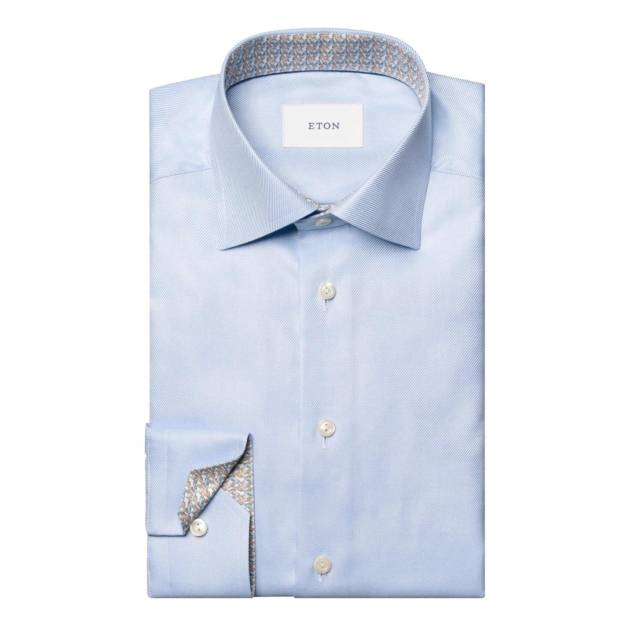 Light Blue Geometric Trim Textured Twill Contemporary Fit Shirt - ETON