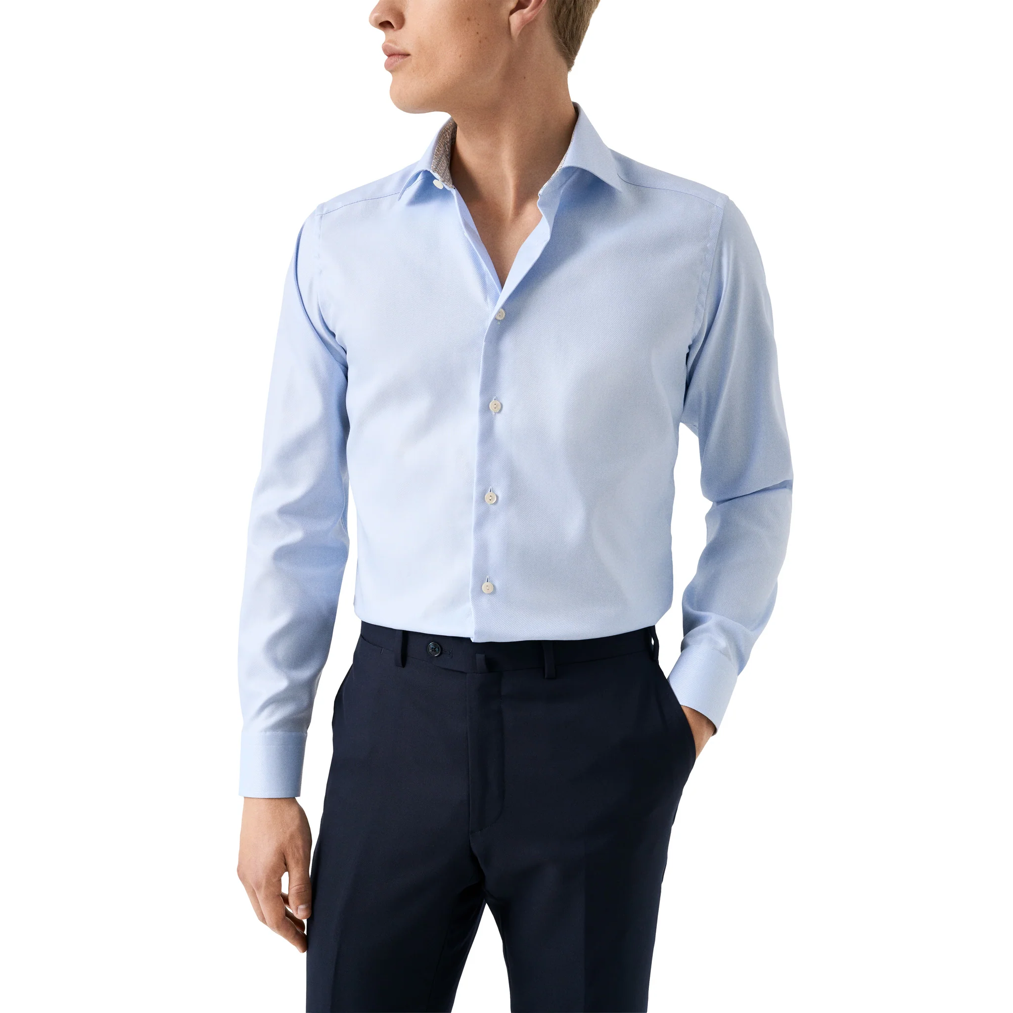 Light Blue Geometric Trim Textured Twill Contemporary Fit Shirt - ETON - Image 3