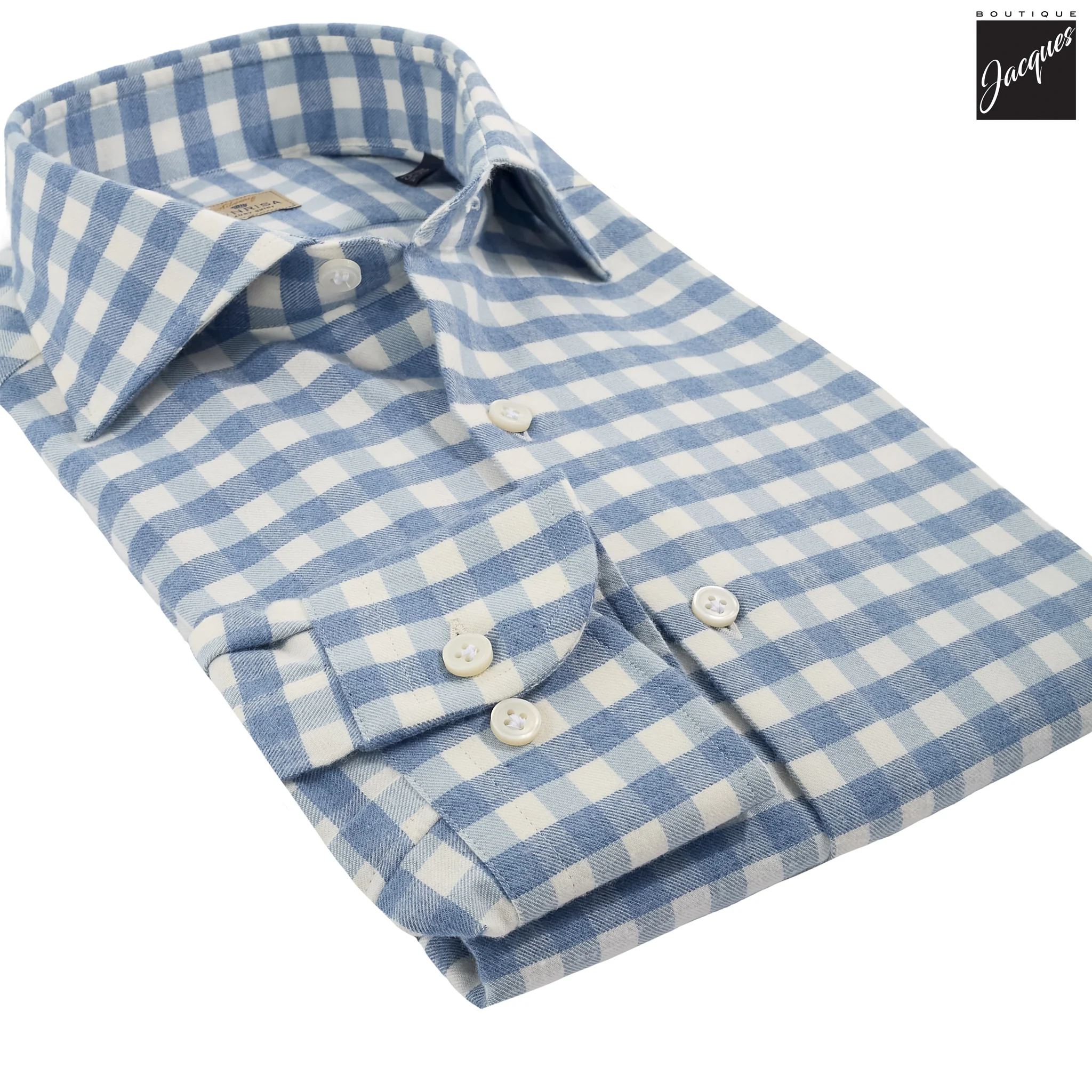 Light Blue Gingham Lux Cotton-Cashmere Flannel Shirt - SONRISA - Image 2