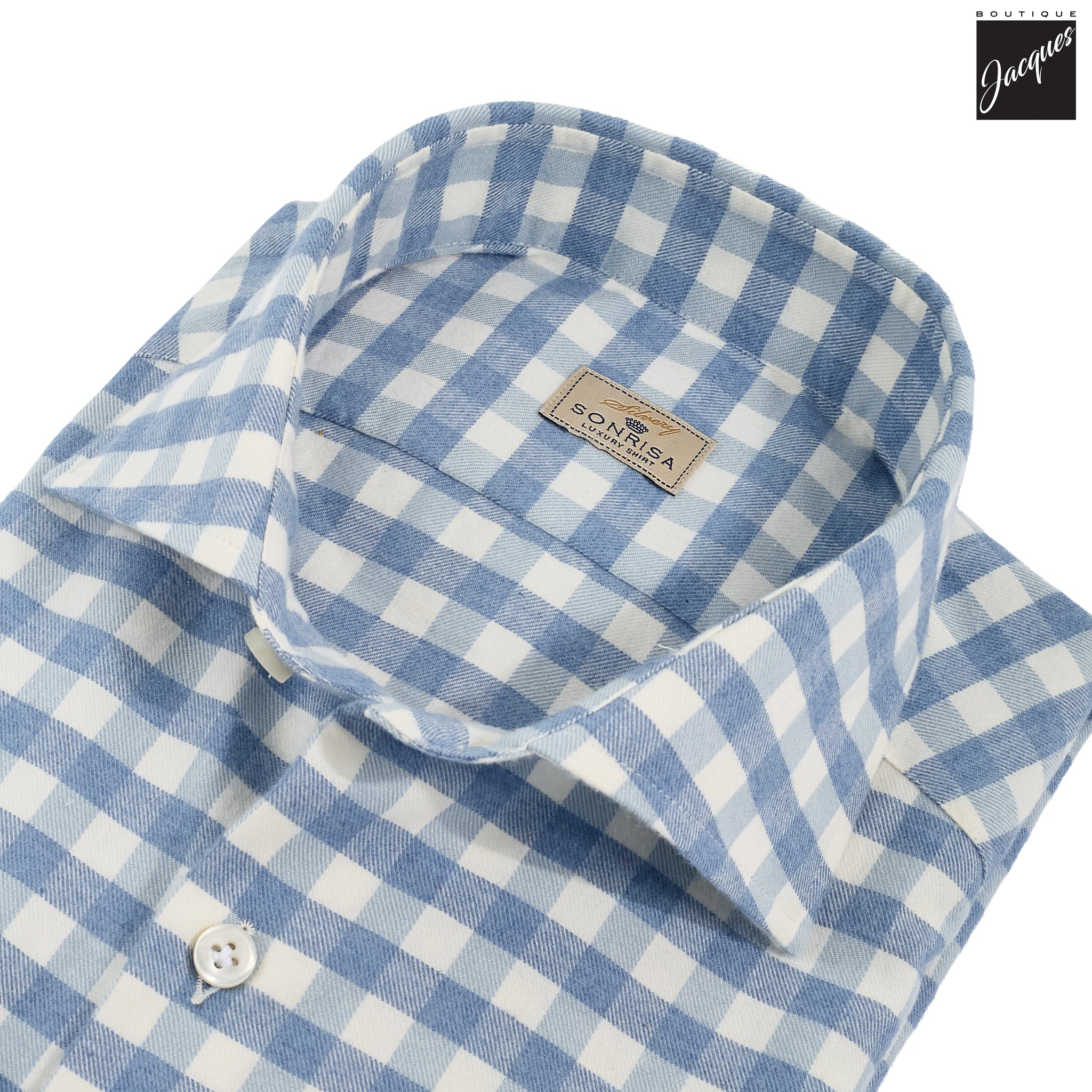 Light Blue Gingham Lux Cotton-Cashmere Flannel Shirt - SONRISA - Image 3