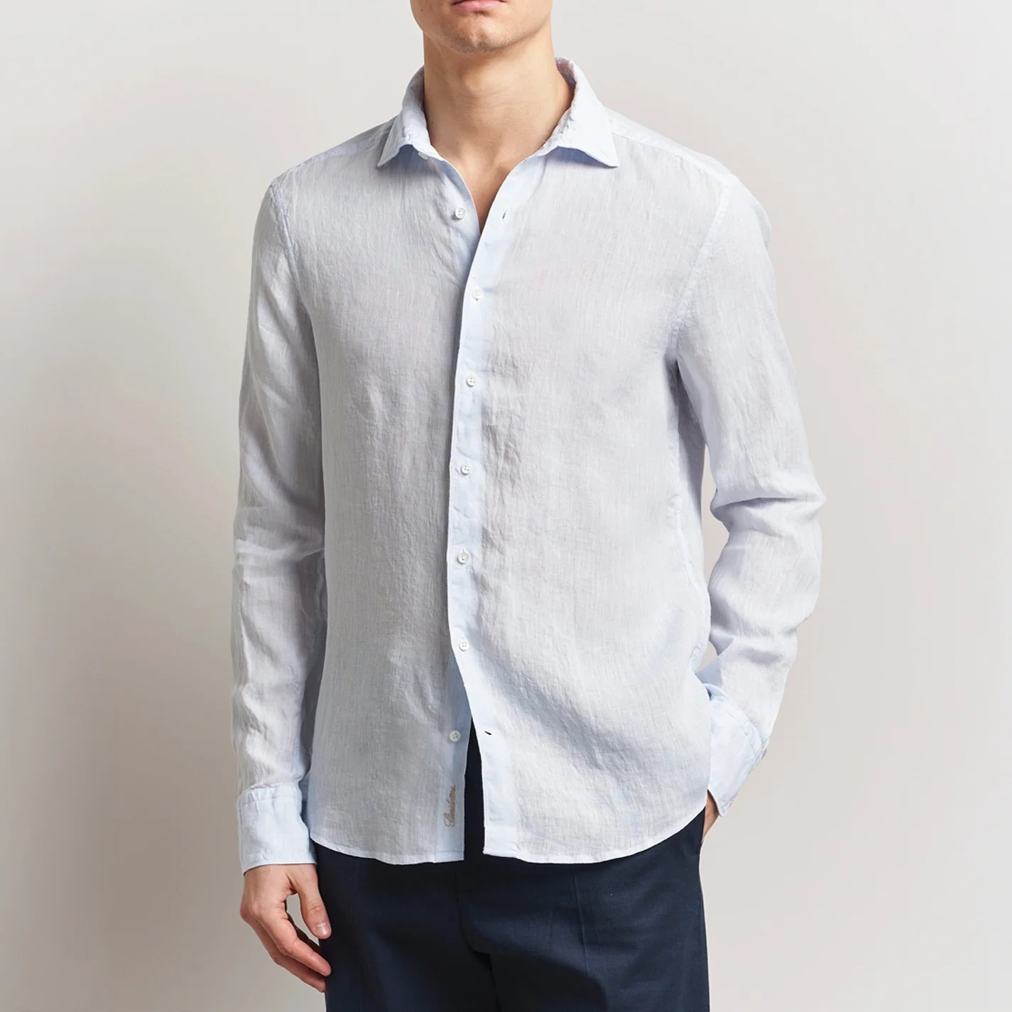 Light Blue Linen Casual Slimline Shirt - Stenströms - Image 5