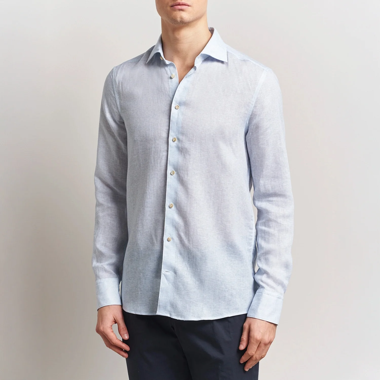 Light Blue Linen Lyocell Stretch Fitted Body Casual Shirt - Stenströms