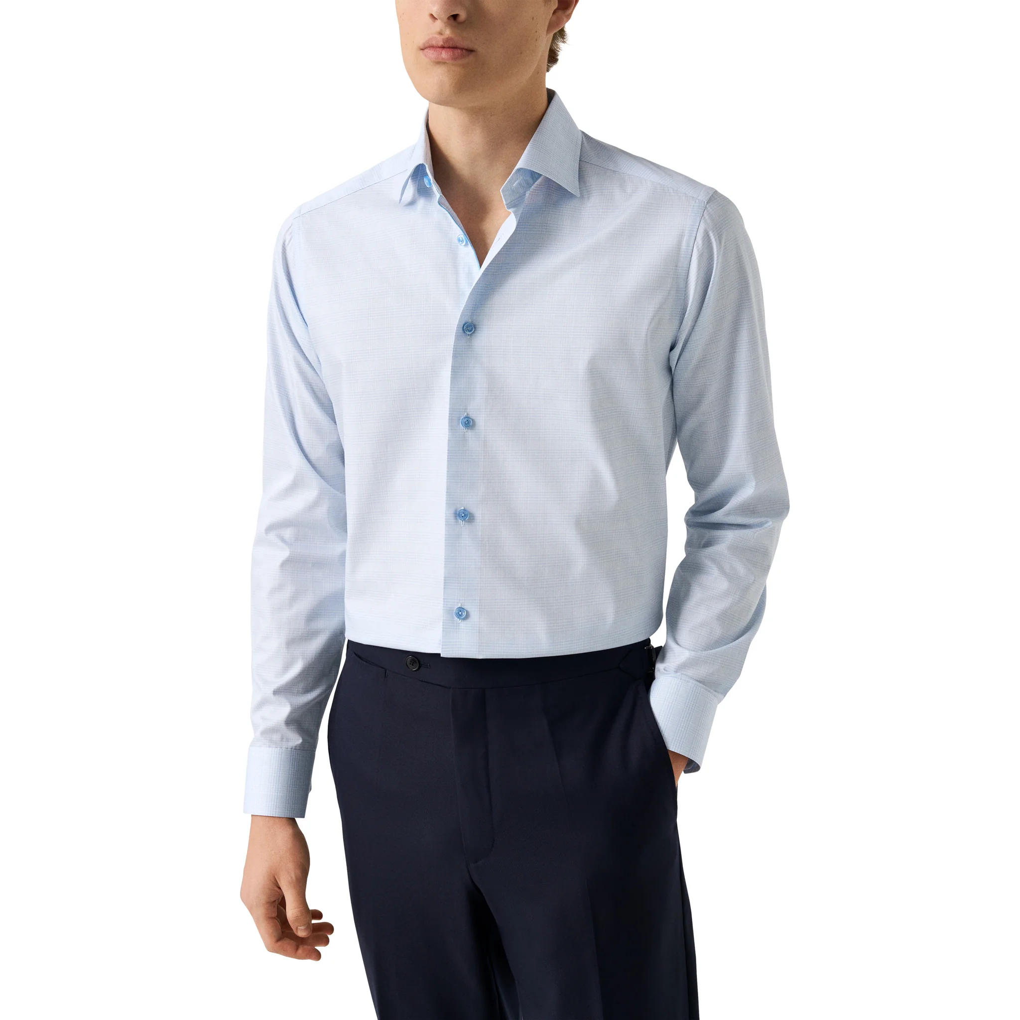 Light Blue Prince of Wales Check Signature Twill Contemporary Fit Shirt - ETON - Image 2