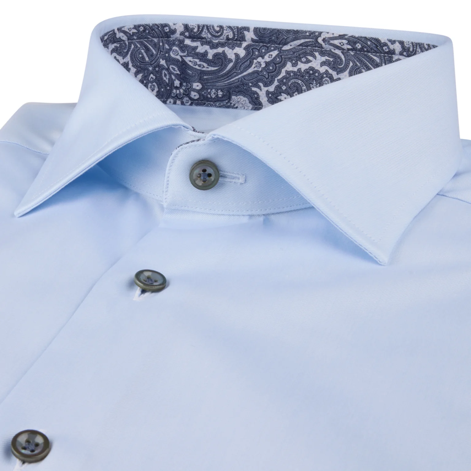 Light Blue Solid Twill Regular Fit Shirt w/ Paisley Trim - Stenströms - Image 2