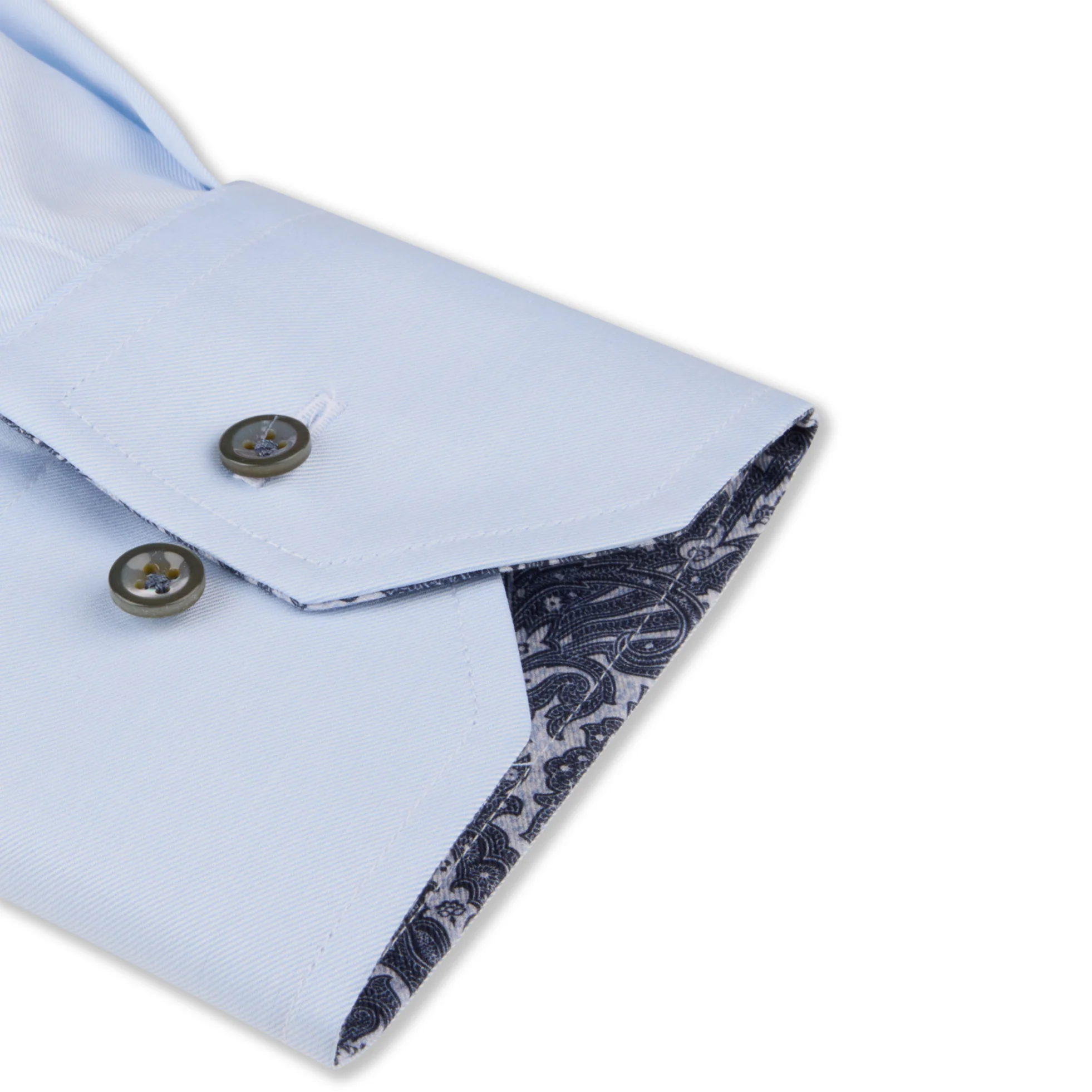 Light Blue Solid Twill Regular Fit Shirt w/ Paisley Trim - Stenströms - Image 3