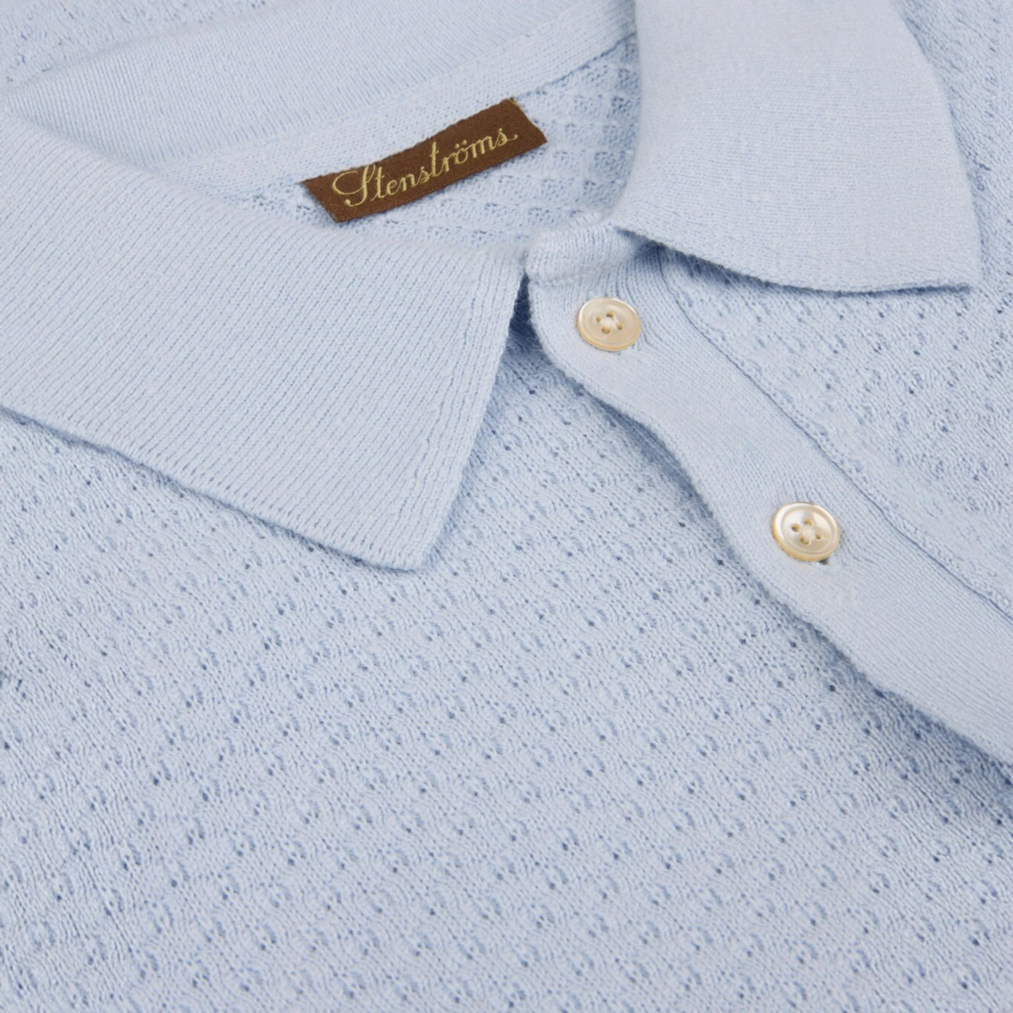 Light Blue Textured Cotton/Linen Polo Shirt - Stenströms - Image 3