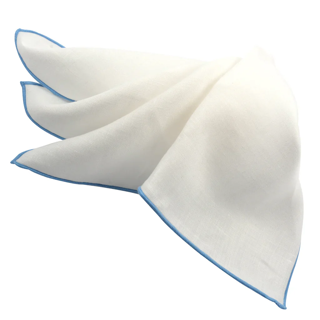 Light Blue Trim White Linen Pocket Square - DION