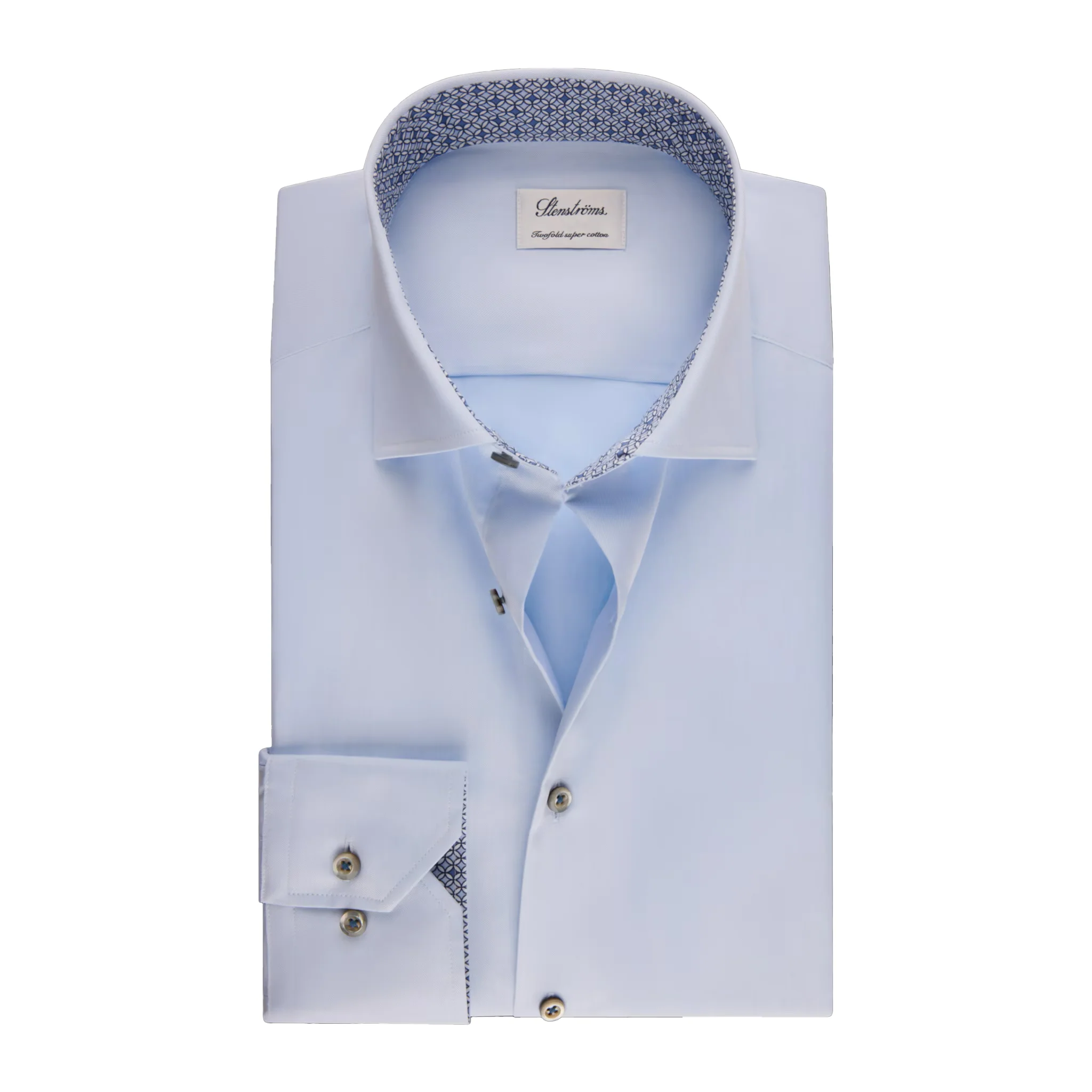 Light Blue Twill Fitted Body Dress Shirt With Geometric Trim - Stenströms