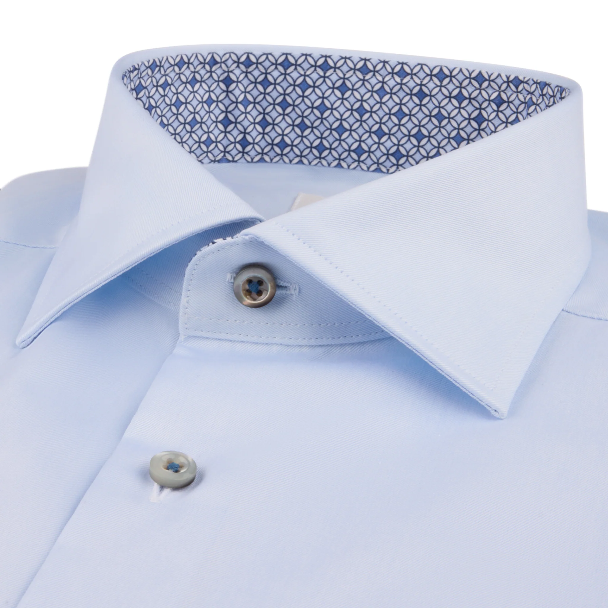 Light Blue Twill Fitted Body Dress Shirt With Geometric Trim - Stenströms - Image 2