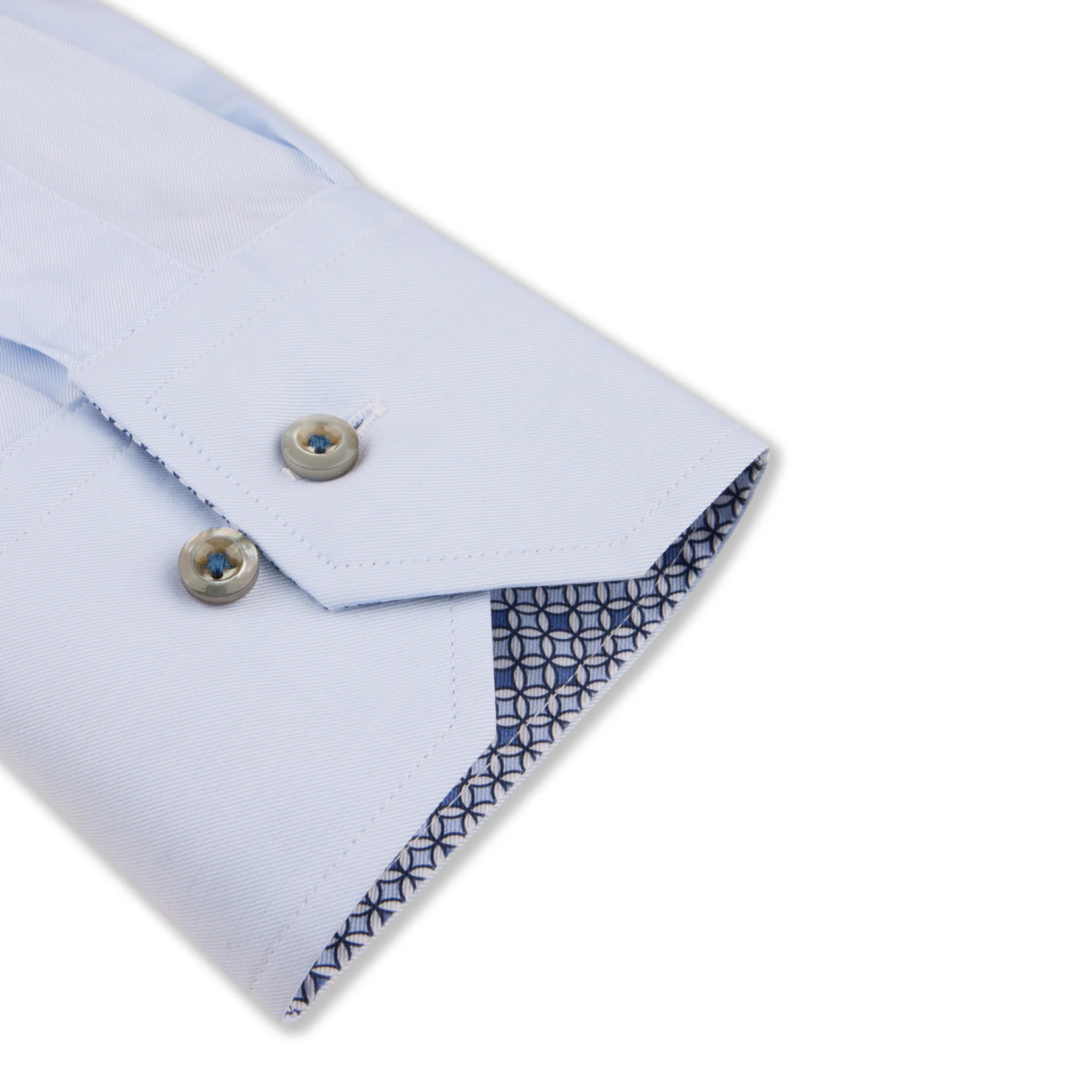 Light Blue Twill Fitted Body Dress Shirt With Geometric Trim - Stenströms - Image 3