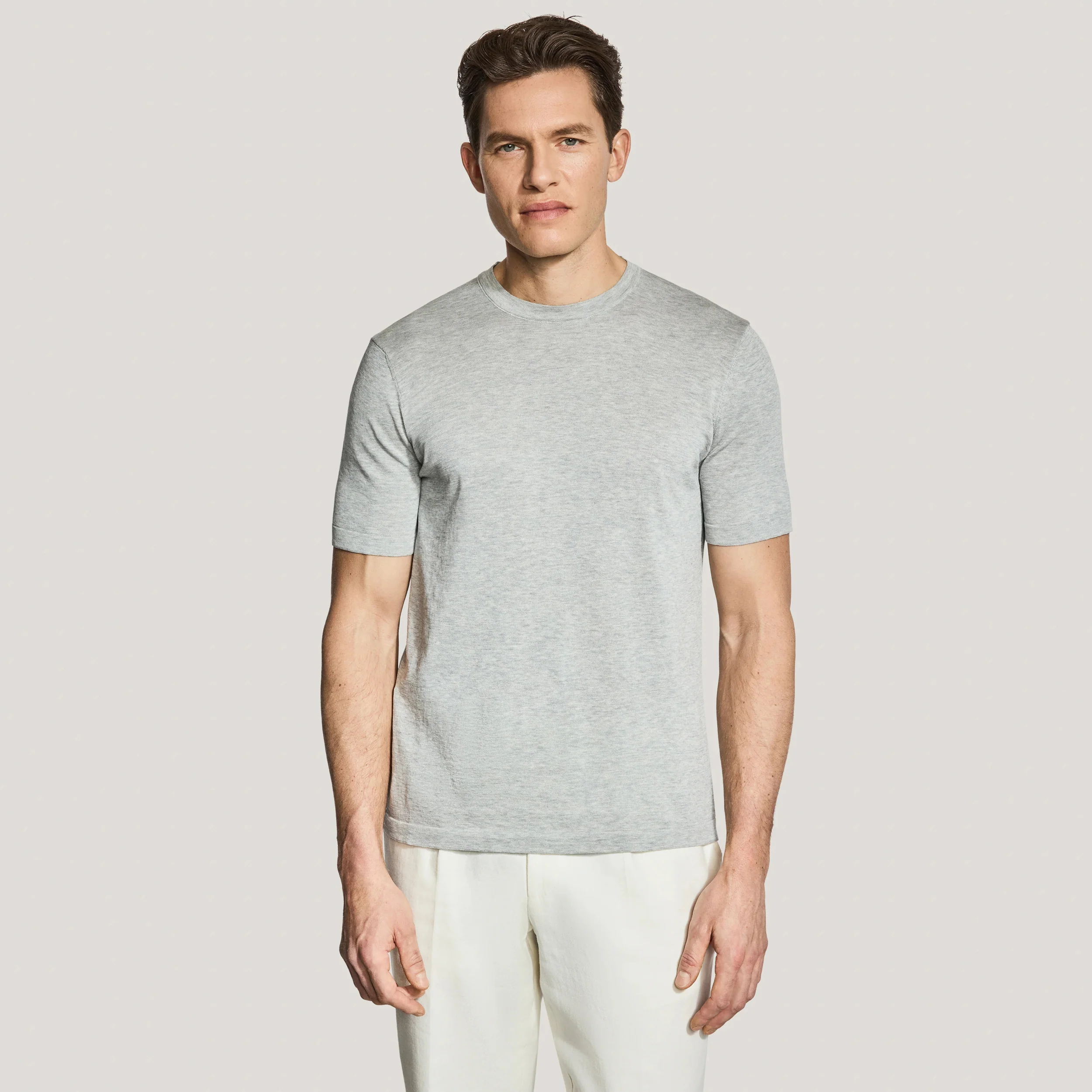 Light Gray Cotton Silk Knit Short Sleeve Wellington Crewneck - Jack Victor