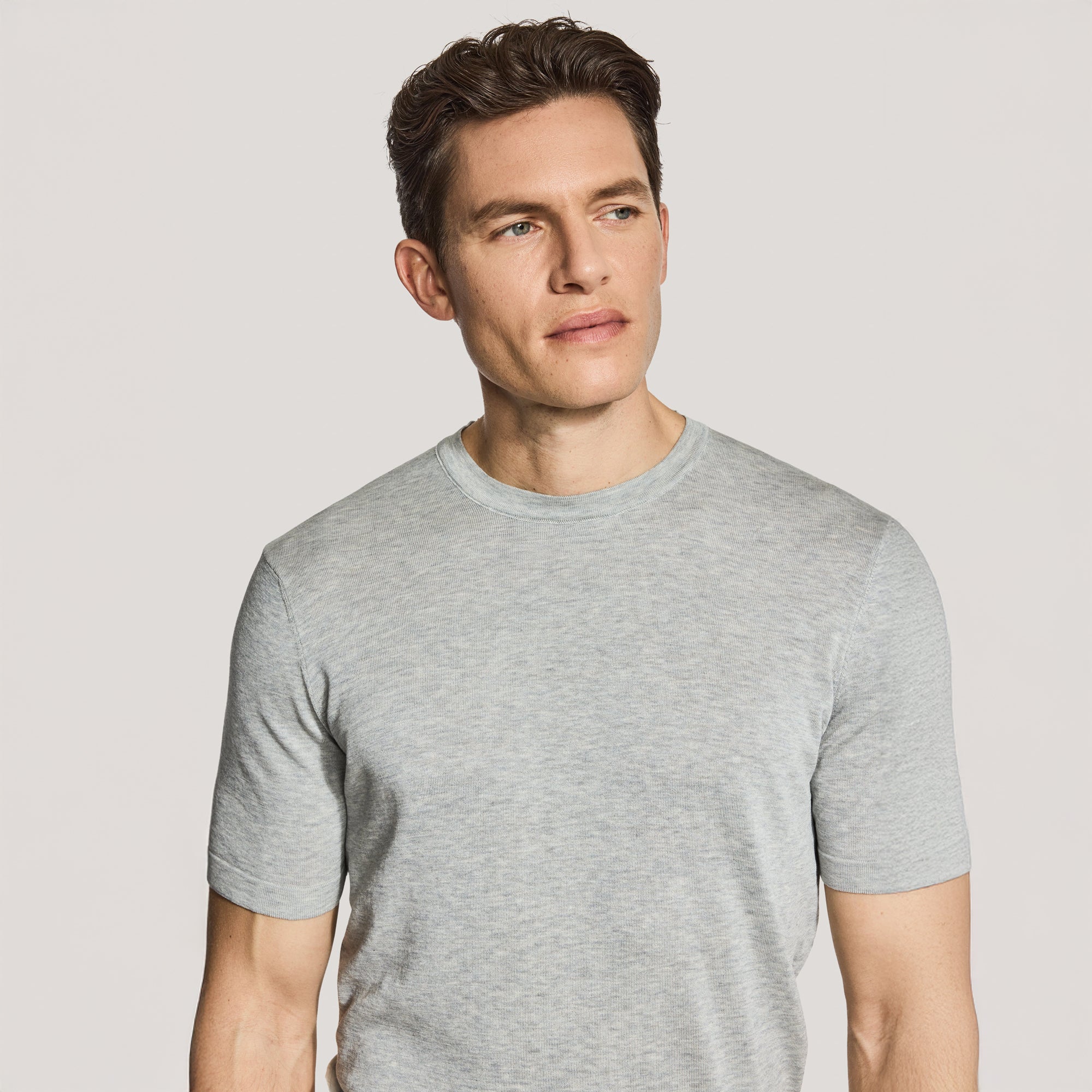Light Gray Cotton Silk Knit Short Sleeve Wellington Crewneck - Jack Victor - Image 2